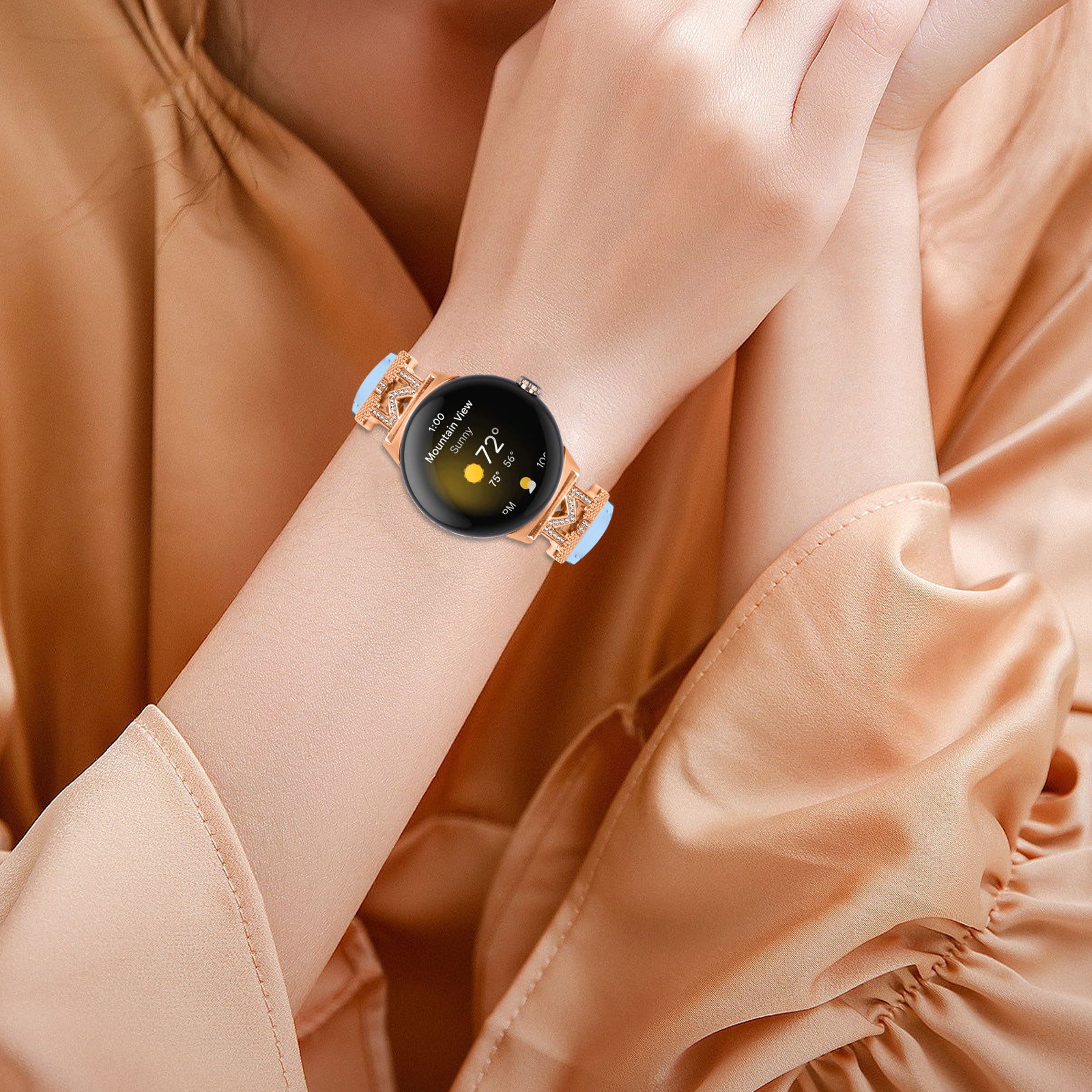 For Google Pixel Watch Pixel Watch 2 Rose Gold Buckle Genuine Cowhide Leather Adjustable Watch Strap with M Shape Rhinestone Decor