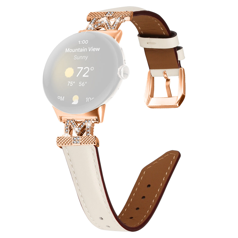 For Google Pixel Watch Pixel Watch 2 Rose Gold Buckle Genuine Cowhide Leather Adjustable Watch Strap with M Shape Rhinestone Decor