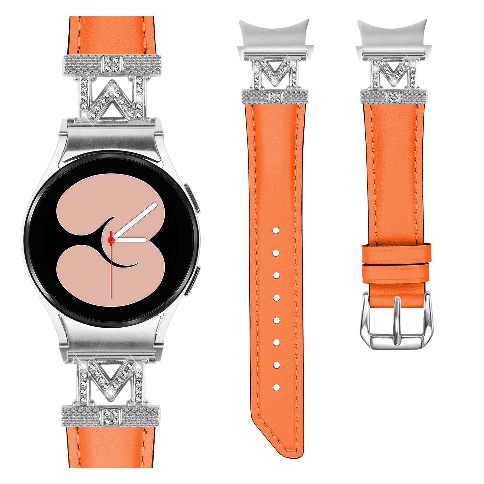 Watch Band for Samsung Galaxy Watch 5 Watch4 44mm 40mm Rhinestone M-shape Connector Bracelet Strap with Silver Buckle