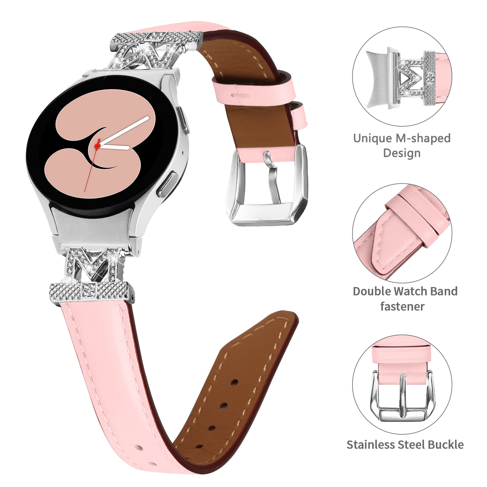 Watch Band for Samsung Galaxy Watch 5 Watch4 44mm 40mm Rhinestone M-shape Connector Bracelet Strap with Silver Buckle