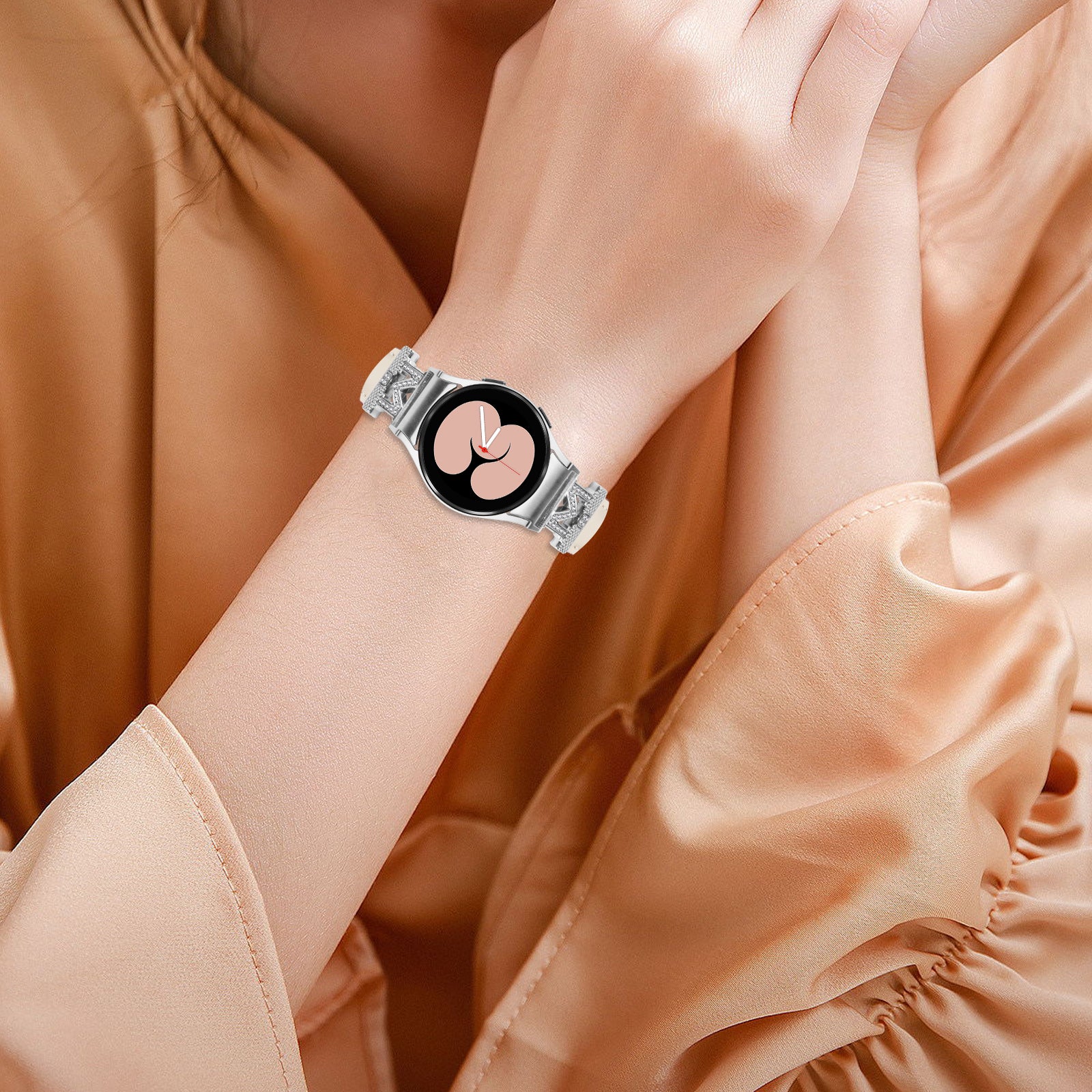 Watch Band for Samsung Galaxy Watch 5 Watch4 44mm 40mm Rhinestone M-shape Connector Bracelet Strap with Silver Buckle