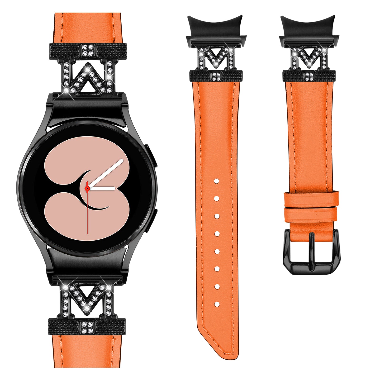 Watch Band for Samsung Galaxy Watch 5 Watch4 44mm 40mm Rhinestone M-shape Connector Genuine Cow Leather Strap with Black Buckle