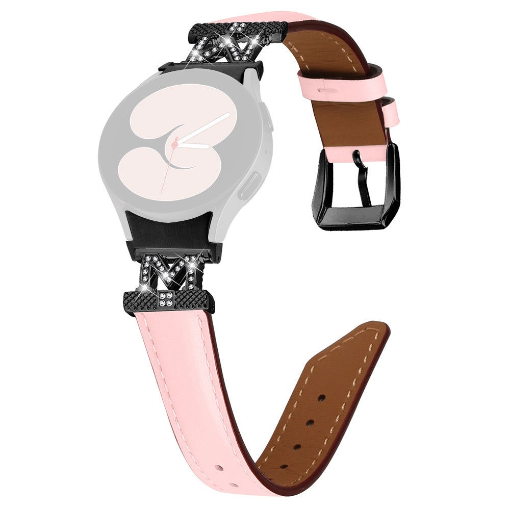Watch Band for Samsung Galaxy Watch 5 Watch4 44mm 40mm Rhinestone M-shape Connector Genuine Cow Leather Strap with Black Buckle