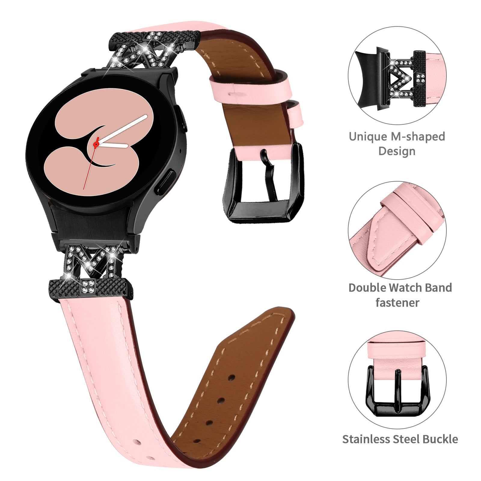 Watch Band for Samsung Galaxy Watch 5 Watch4 44mm 40mm Rhinestone M-shape Connector Genuine Cow Leather Strap with Black Buckle