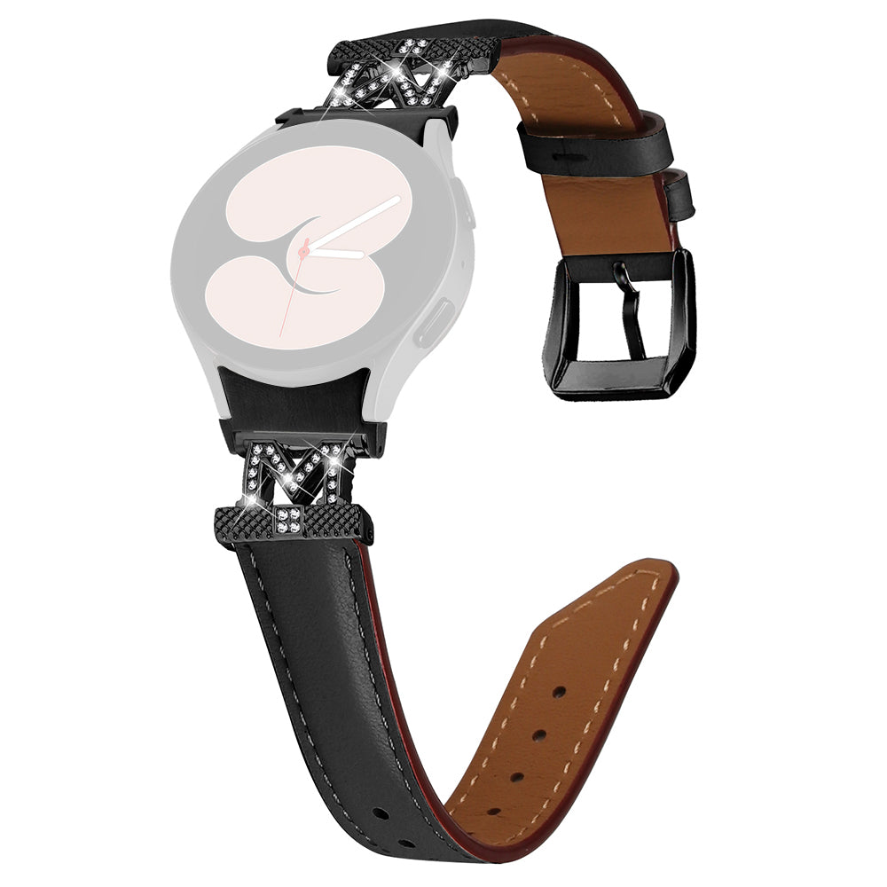 Watch Band for Samsung Galaxy Watch 5 Watch4 44mm 40mm Rhinestone M-shape Connector Genuine Cow Leather Strap with Black Buckle