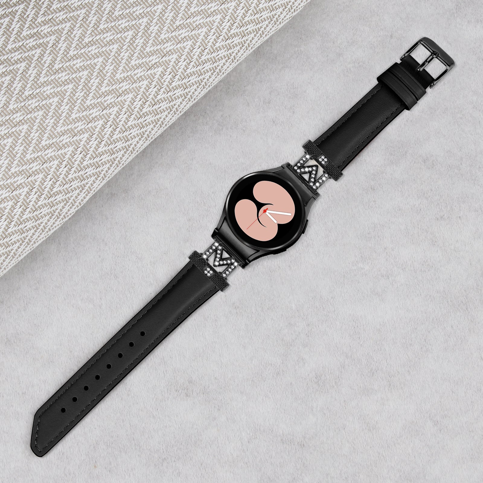 Watch Band for Samsung Galaxy Watch 5 Watch4 44mm 40mm Rhinestone M-shape Connector Genuine Cow Leather Strap with Black Buckle