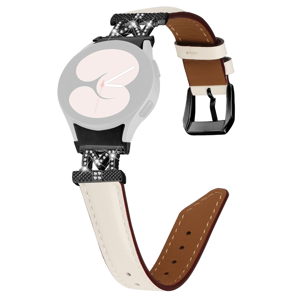 Watch Band for Samsung Galaxy Watch 5 Watch4 44mm 40mm Rhinestone M-shape Connector Genuine Cow Leather Strap with Black Buckle