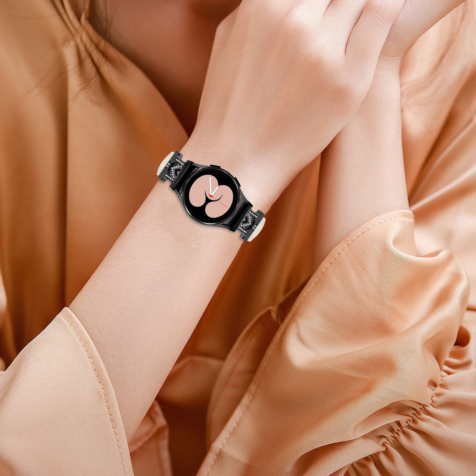 Watch Band for Samsung Galaxy Watch 5 Watch4 44mm 40mm Rhinestone M-shape Connector Genuine Cow Leather Strap with Black Buckle