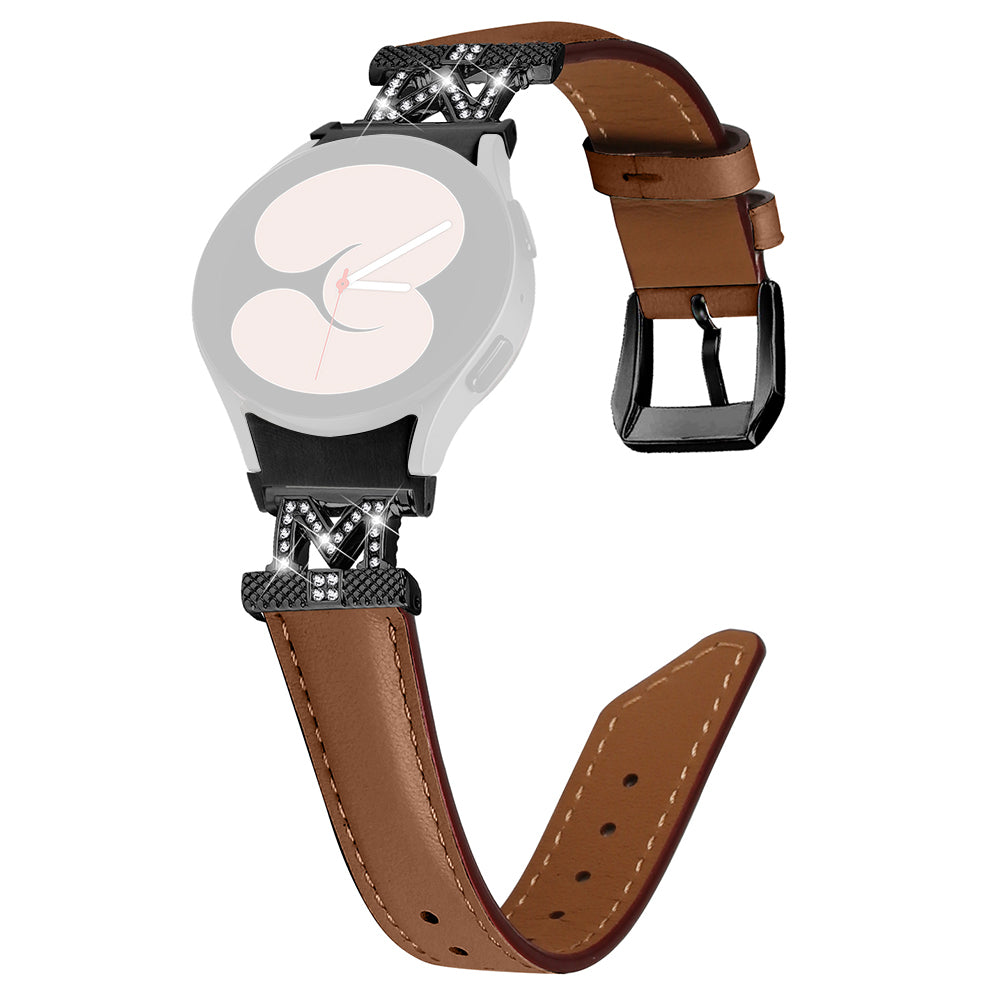 Watch Band for Samsung Galaxy Watch 5 Watch4 44mm 40mm Rhinestone M-shape Connector Genuine Cow Leather Strap with Black Buckle