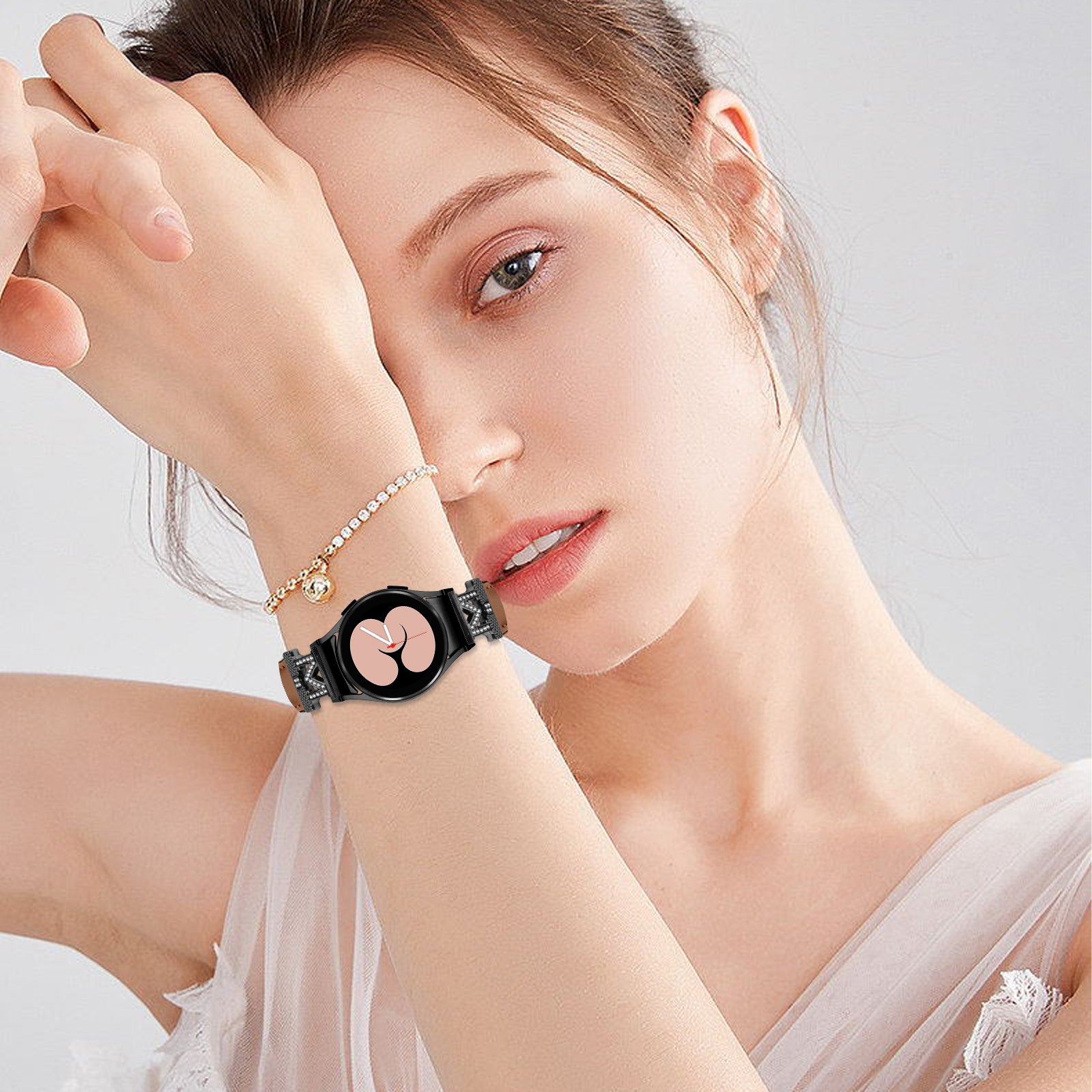 Watch Band for Samsung Galaxy Watch 5 Watch4 44mm 40mm Rhinestone M-shape Connector Genuine Cow Leather Strap with Black Buckle
