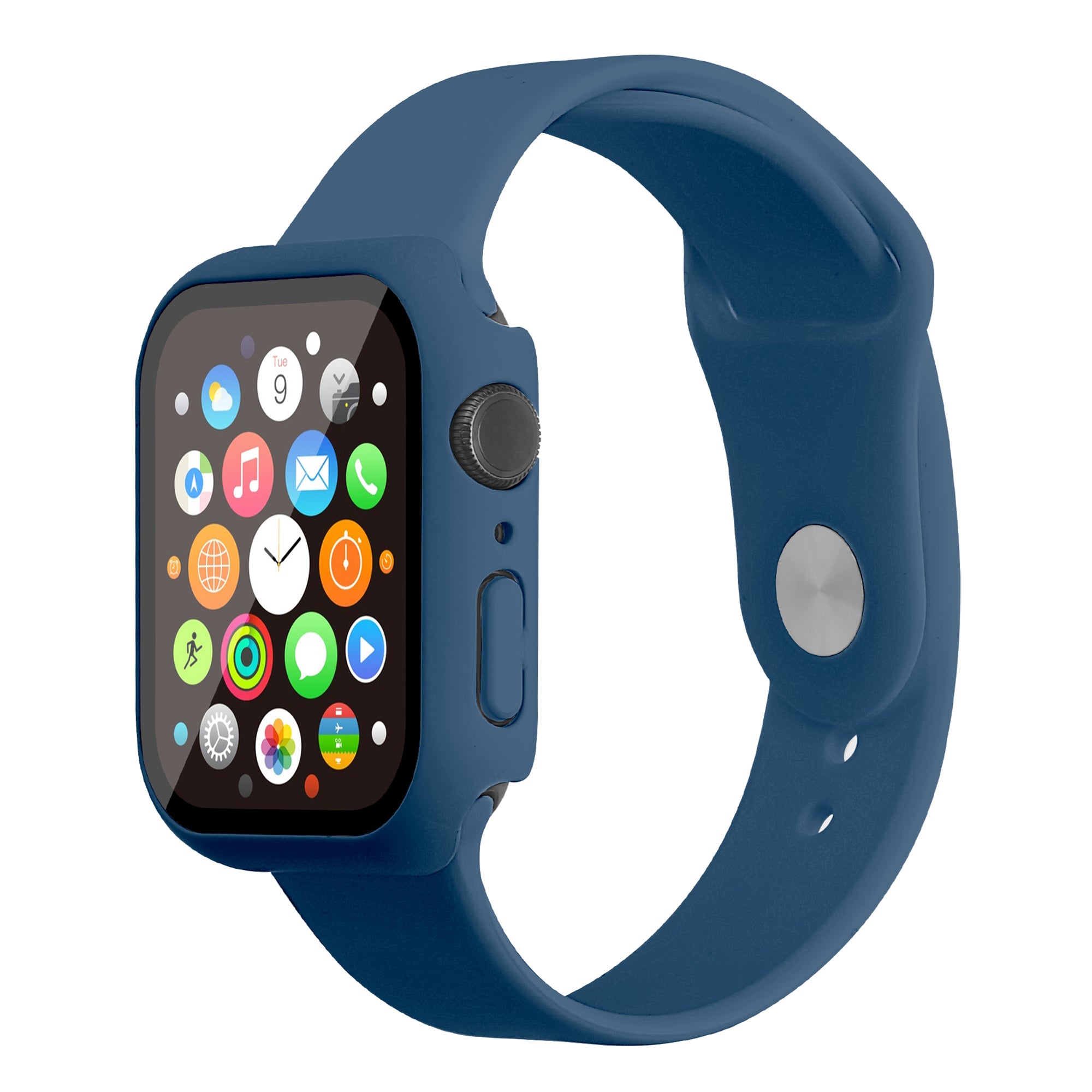 For Apple Watch Series 7 45mm Hard PC Watch Case with Tempered Glass Film + Silicone Watch Band Size S M