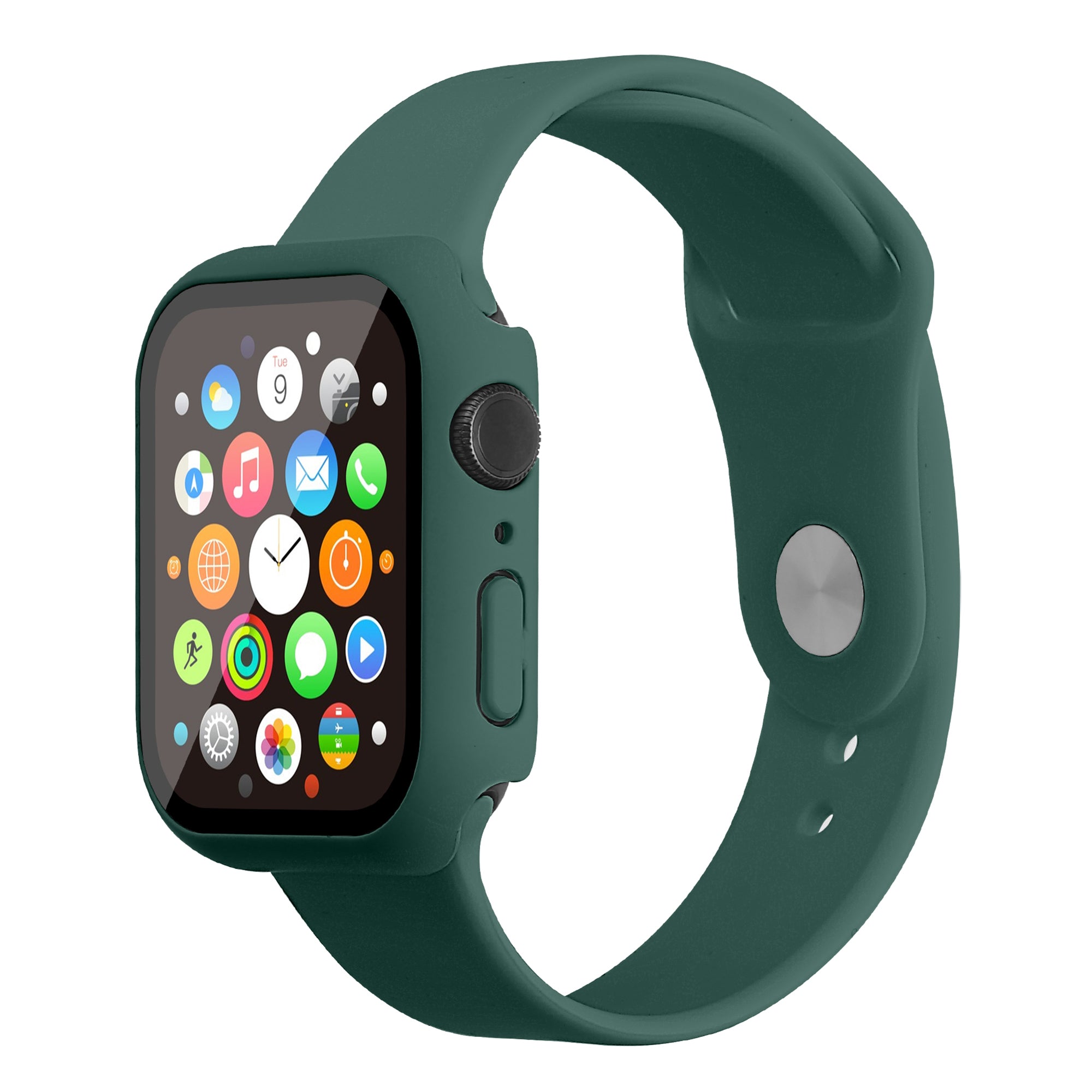 For Apple Watch Series 7 45mm Hard PC Watch Case with Tempered Glass Film + Silicone Watch Band Size S M