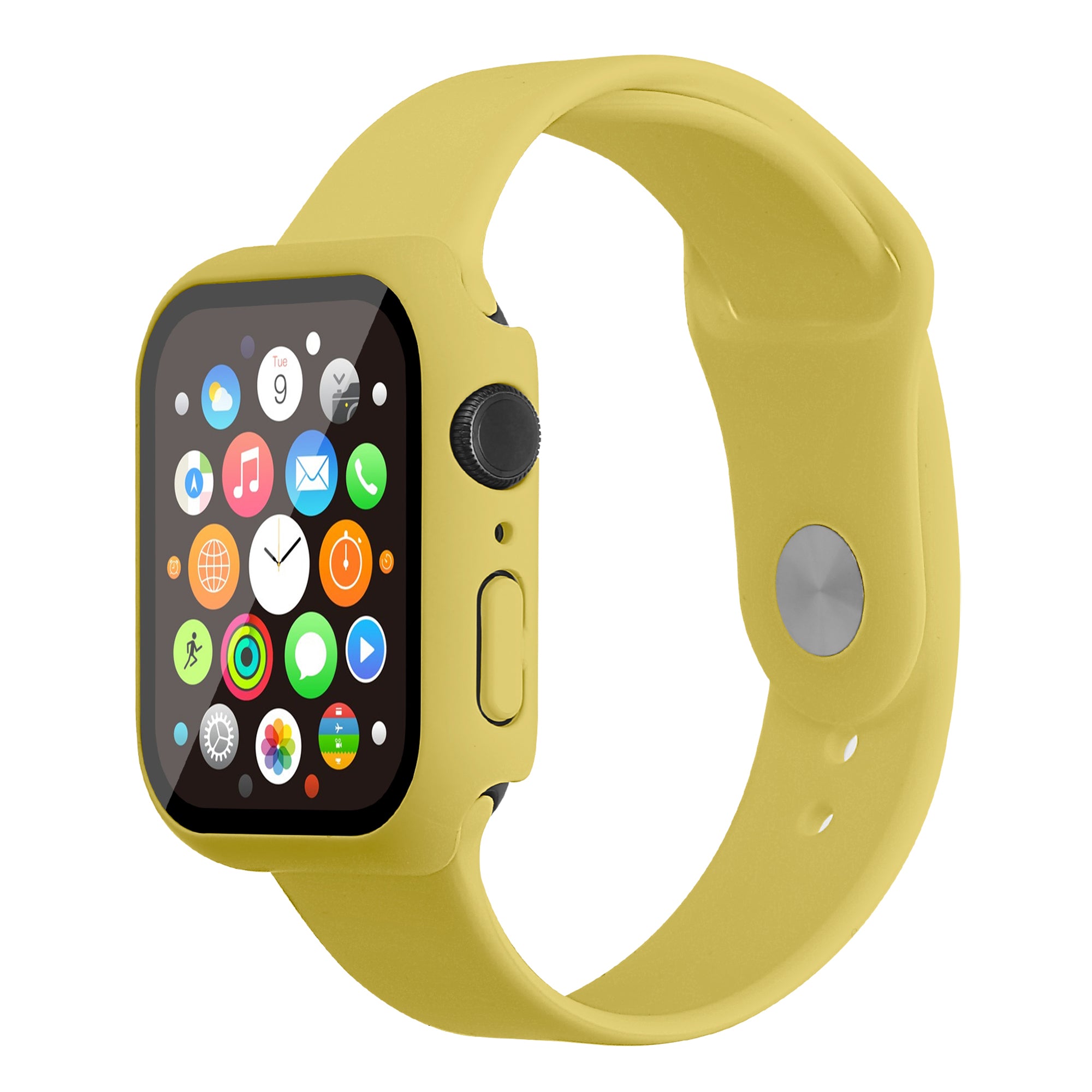For Apple Watch Series 7 45mm Hard PC Watch Case with Tempered Glass Film + Silicone Watch Band Size S M