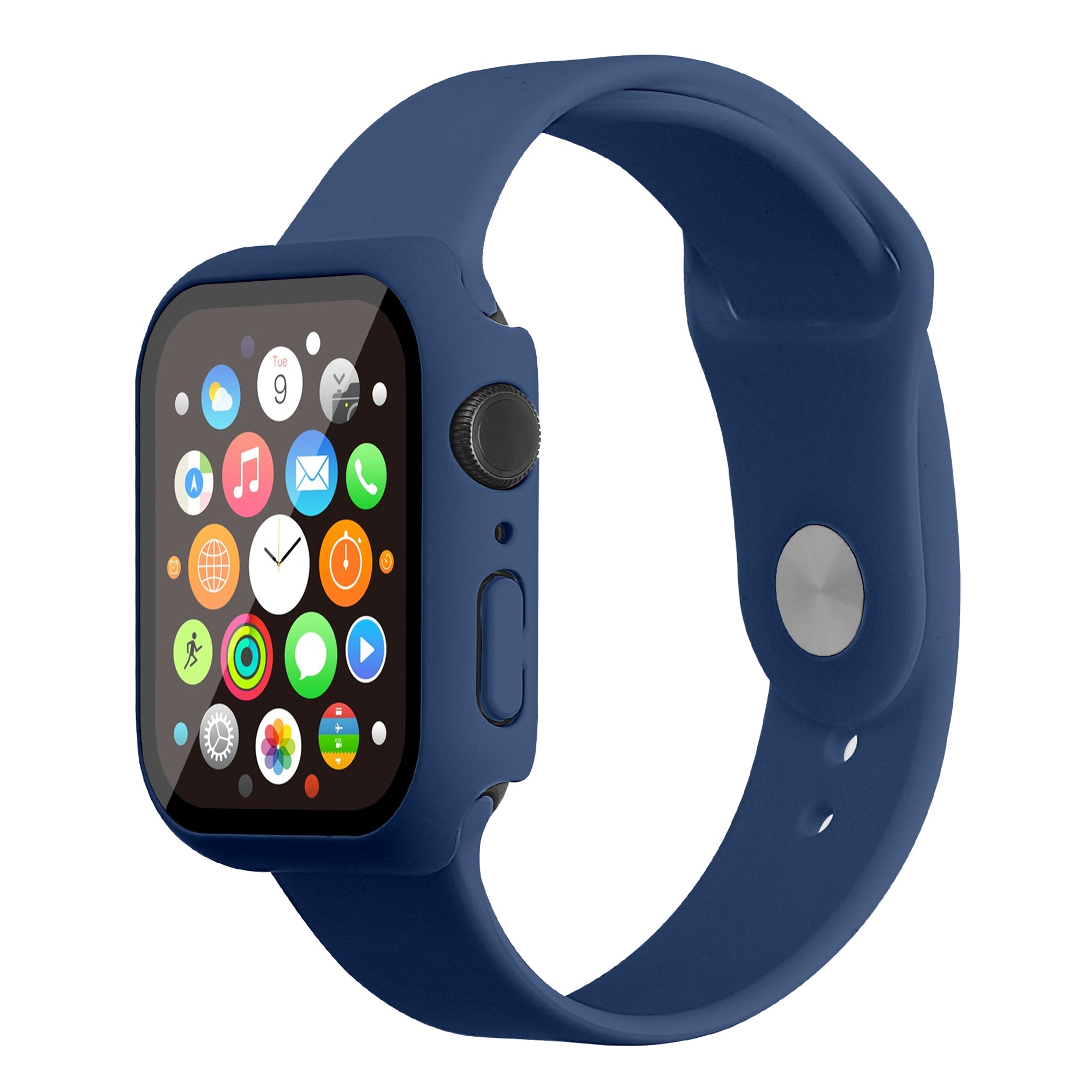 For Apple Watch Series 7 45mm Hard PC Watch Case with Tempered Glass Film + Silicone Watch Band Size S M