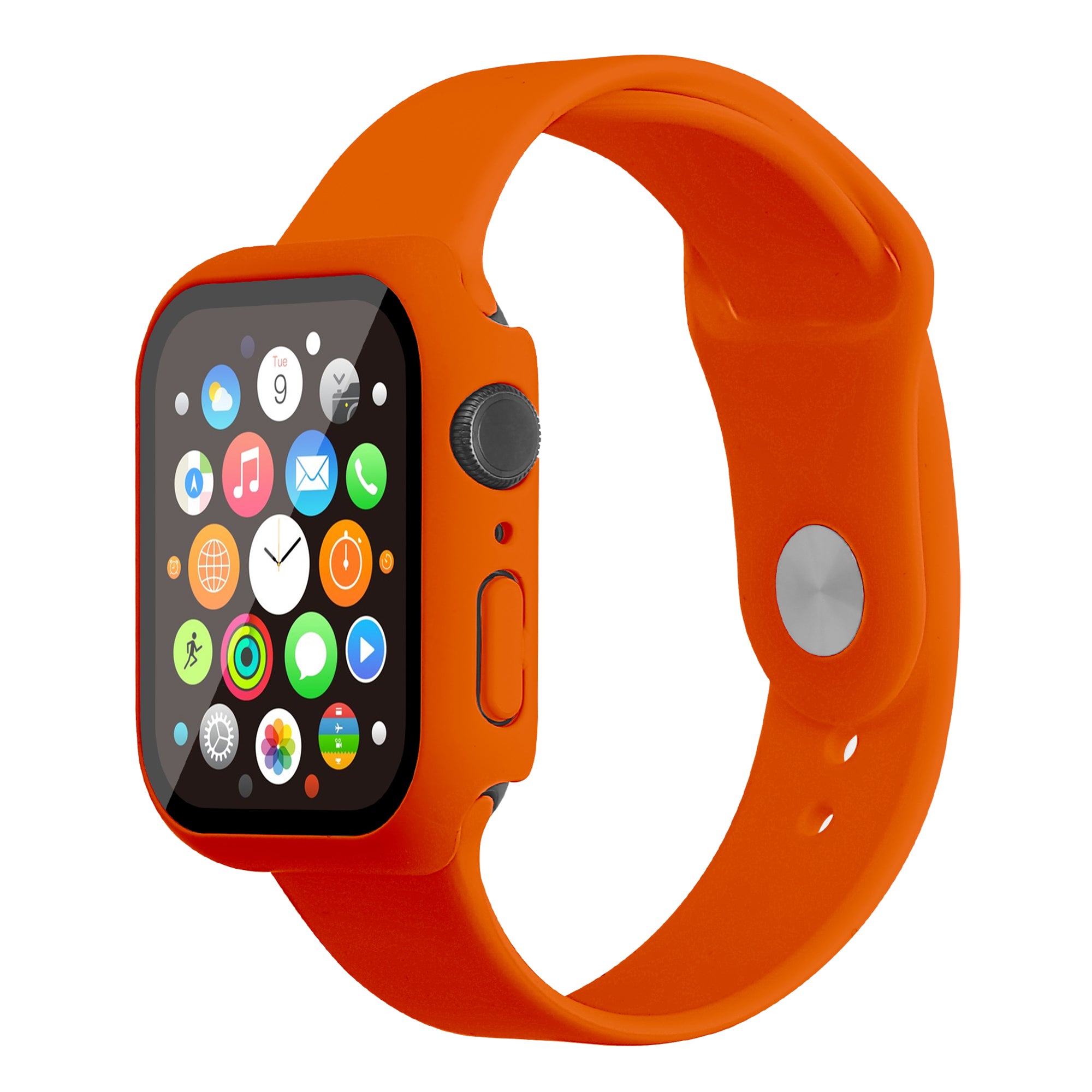 For Apple Watch Series 7 45mm Hard PC Watch Case with Tempered Glass Film + Silicone Watch Band Size S M