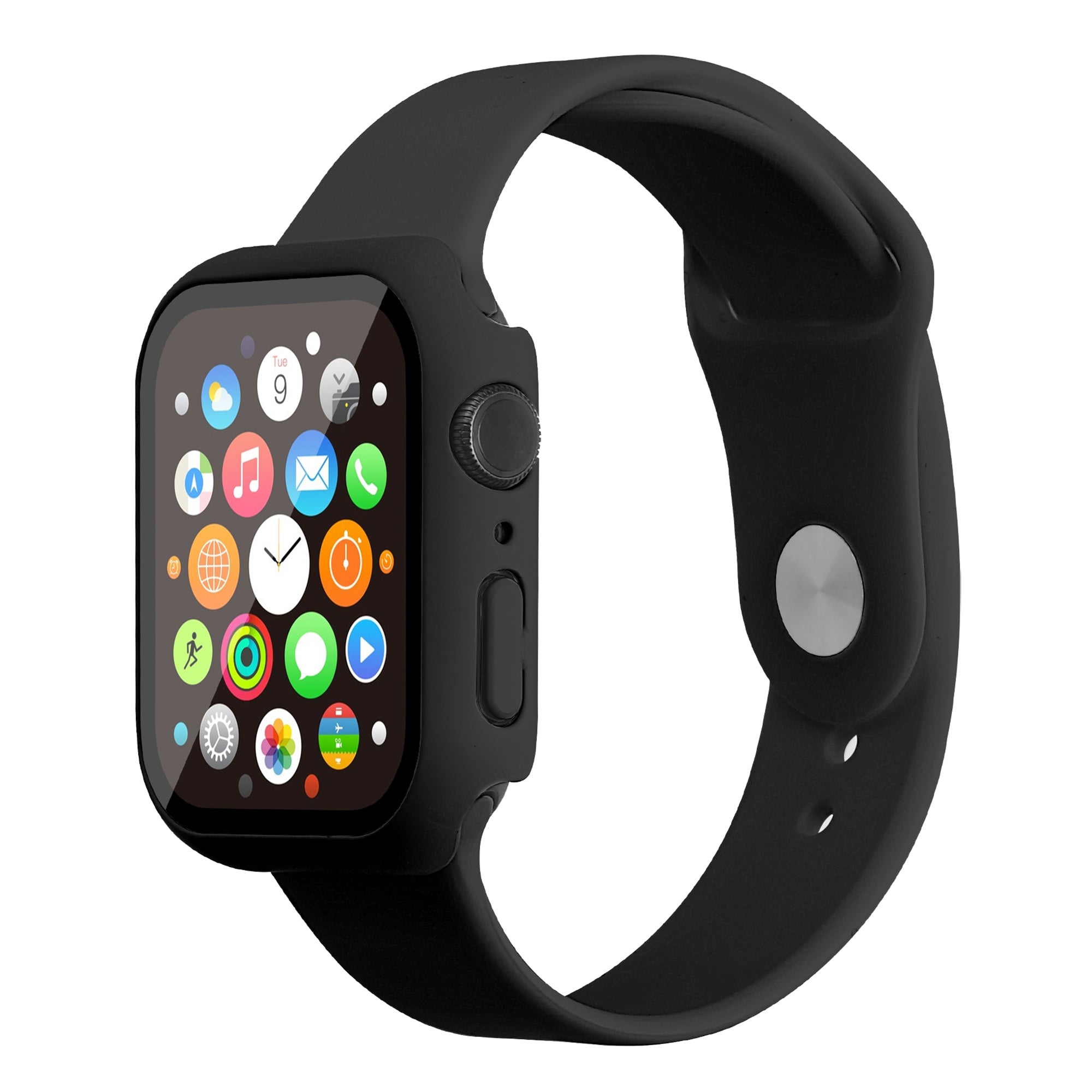 For Apple Watch Series 7 45mm Soft Silicone Watch Band Hard PC Watch Cover with Tempered Glass Film Size M L
