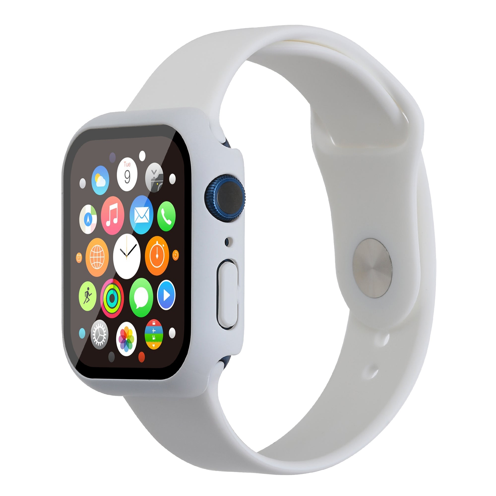 For Apple Watch Series 7 45mm Soft Silicone Watch Band+Hard PC Watch Cover with Tempered Glass Film Size M L