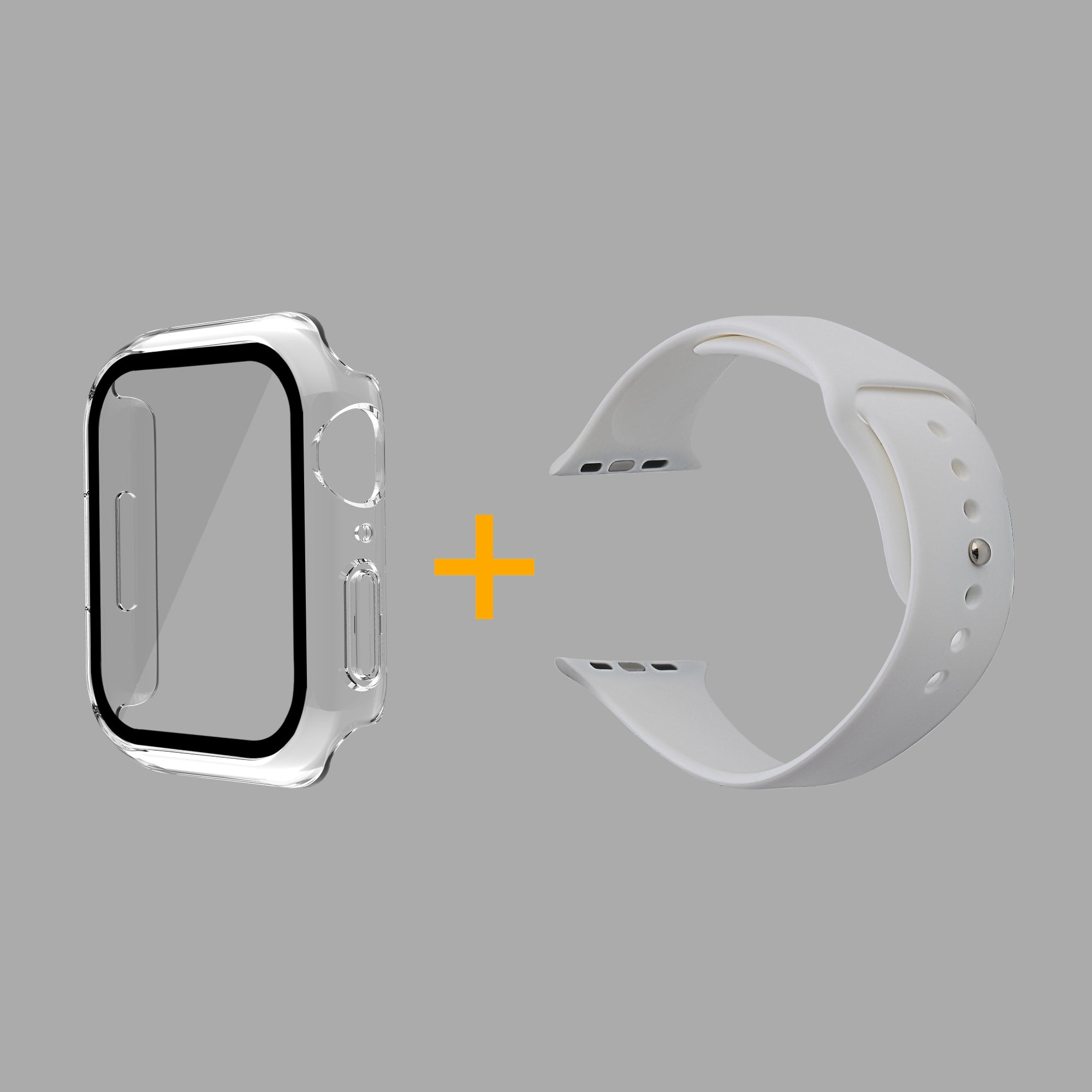 For Apple Watch Series 7 45mm Soft Silicone Watch Band+Hard PC Watch Cover with Tempered Glass Film Size M L