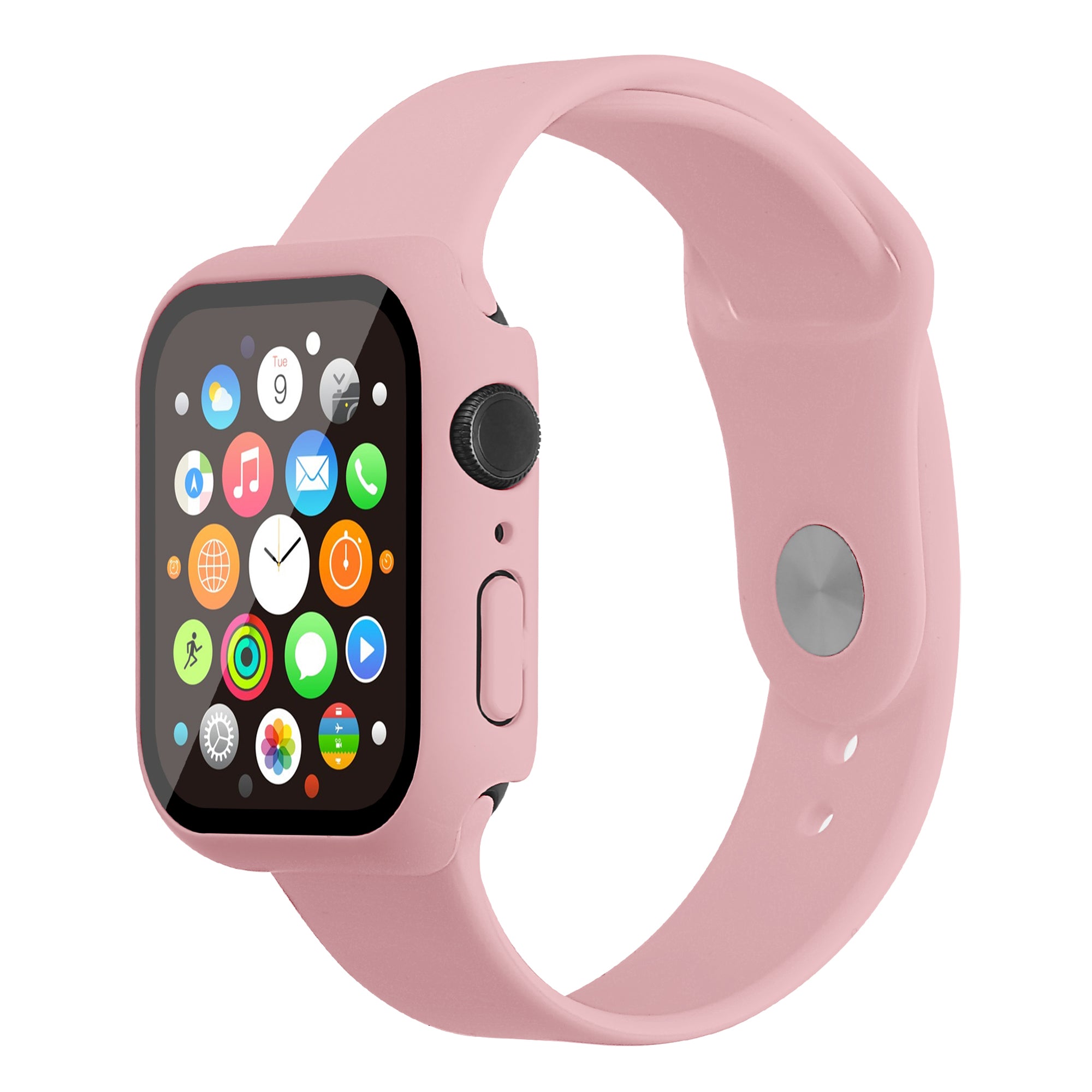 For Apple Watch Series 7 45mm Soft Silicone Watch Band+Hard PC Watch Cover with Tempered Glass Film Size M L