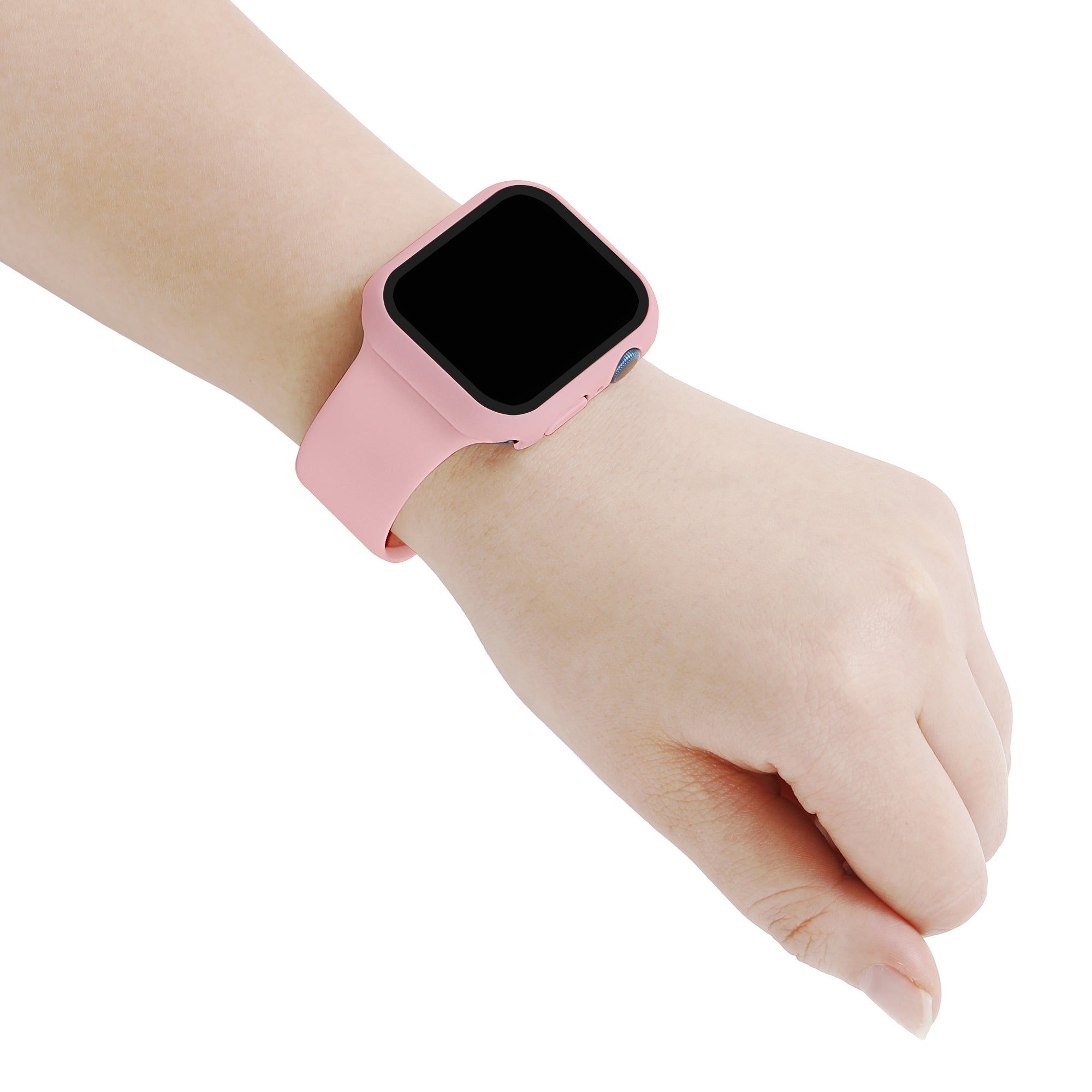 For Apple Watch Series 7 45mm Soft Silicone Watch Band+Hard PC Watch Cover with Tempered Glass Film Size M L