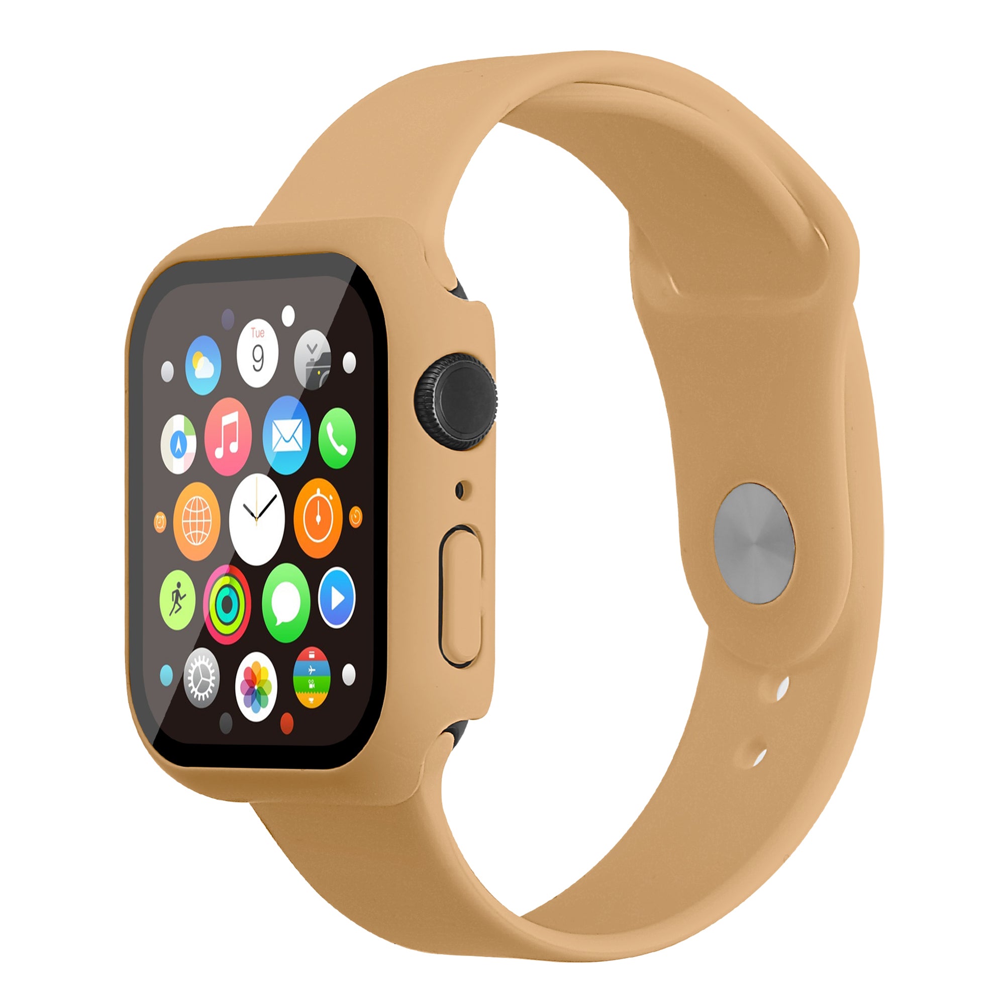 For Apple Watch Series 7 45mm Soft Silicone Watch Band+Hard PC Watch Cover with Tempered Glass Film Size M L