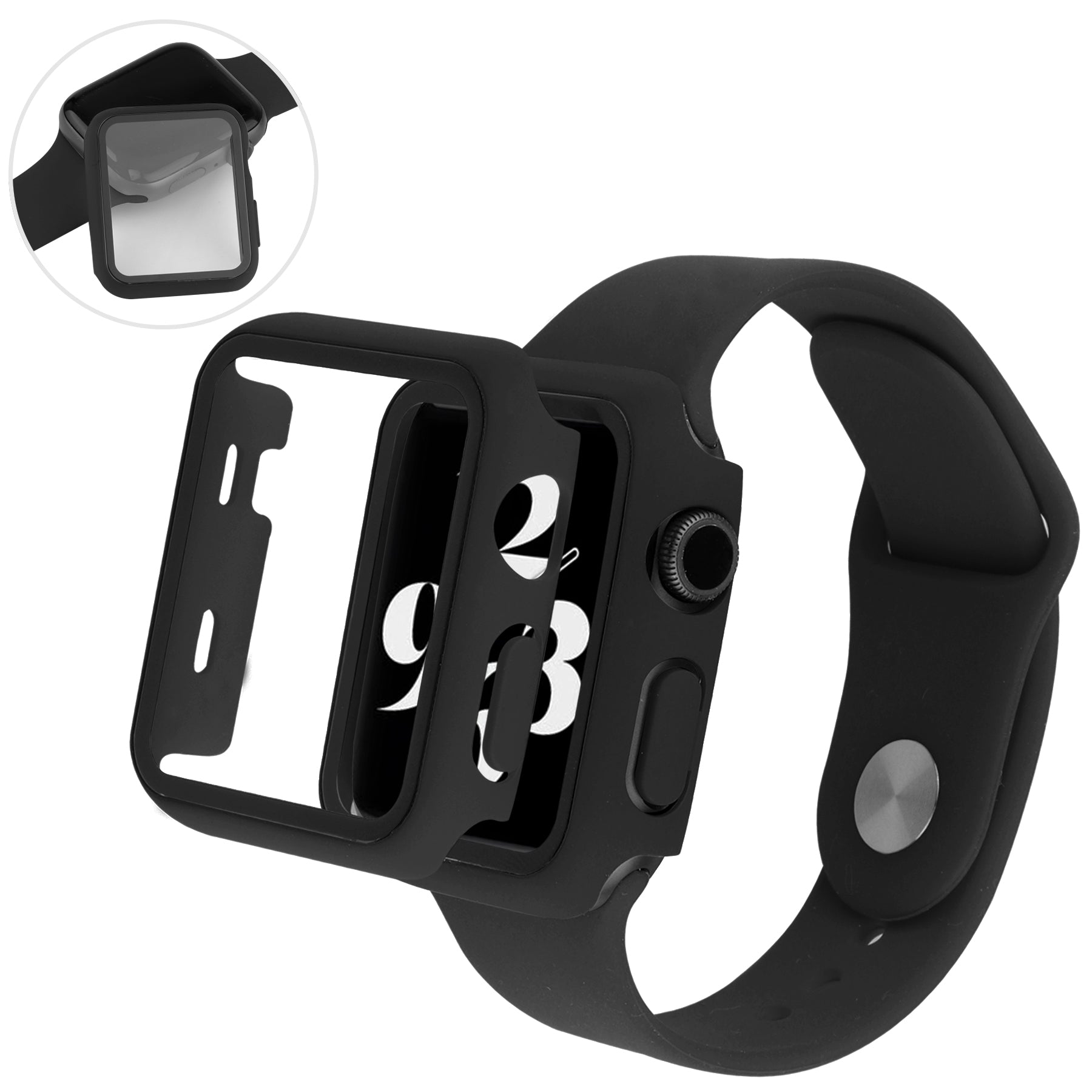 Anti-Scratch Shock-Absorbed 3 in 1 Tempered Glass Screen Protector Watch Cover Watch Band Set for Apple Watch Series 4 44mm 5 44mm 6 44mm SE SE (2022) 44m