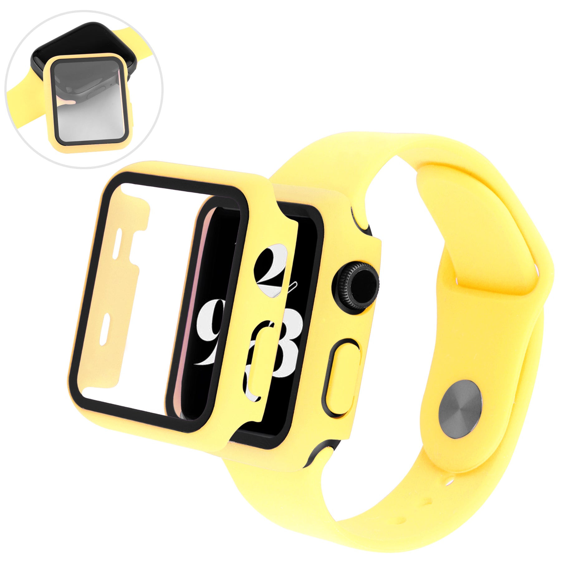 Anti-Scratch Shock-Absorbed 3 in 1 Tempered Glass Screen Protector + Watch Cover + Watch Band Set for Apple Watch Series 4 44mm 5 44mm 6 44mm SE SE (2022) 44m