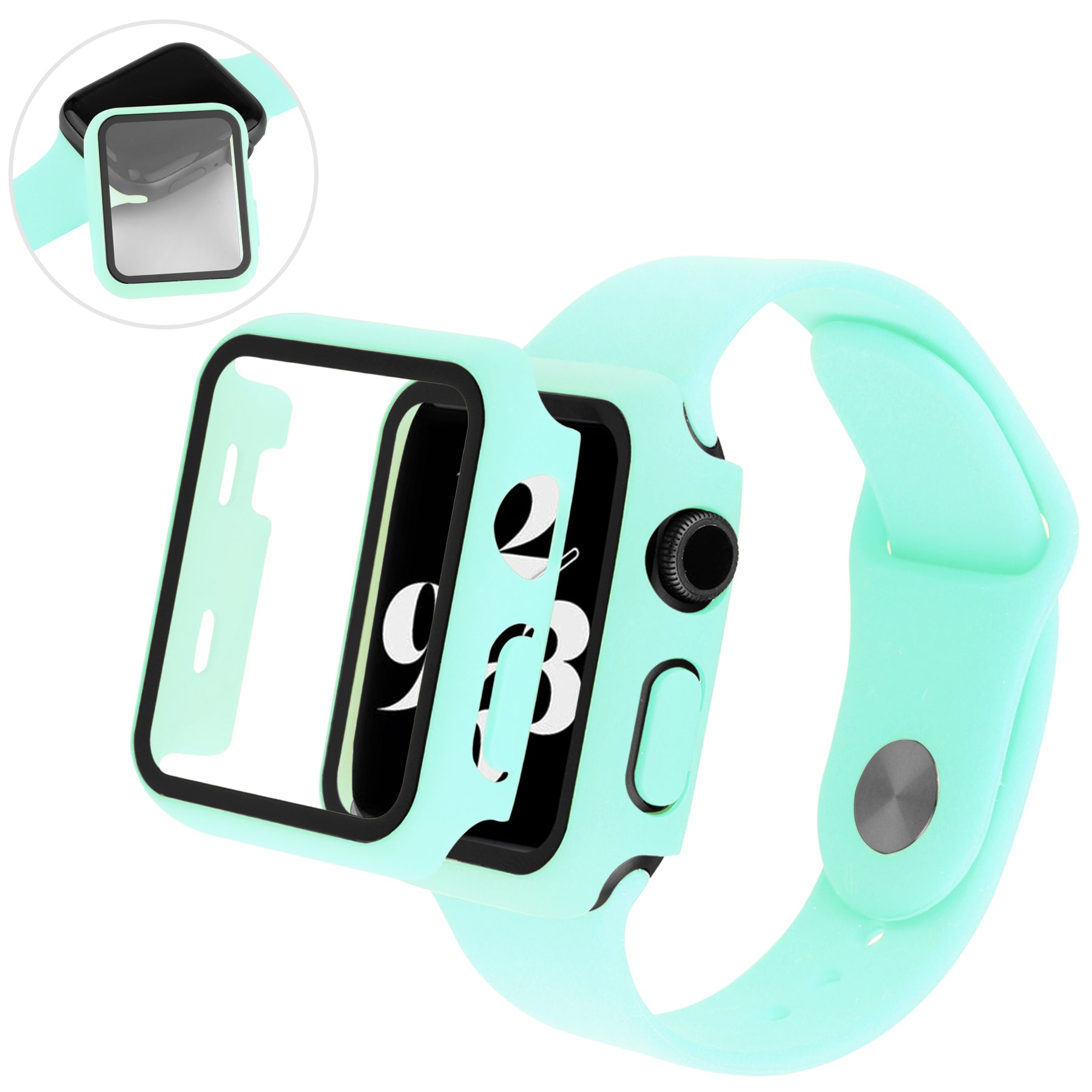 Anti-Scratch Shock-Absorbed 3 in 1 Tempered Glass Screen Protector + Watch Cover + Watch Band Set for Apple Watch Series 4 44mm 5 44mm 6 44mm SE SE (2022) 44m
