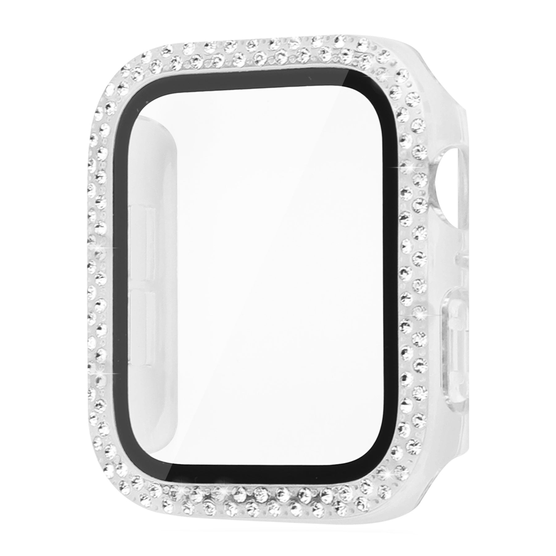 For Apple Watch Series 8 45mm Series 7 45mm Black Silicone Wrist Strap + Shiny Rhinestones PC Watch Case with Tempered Glass Screen Protector