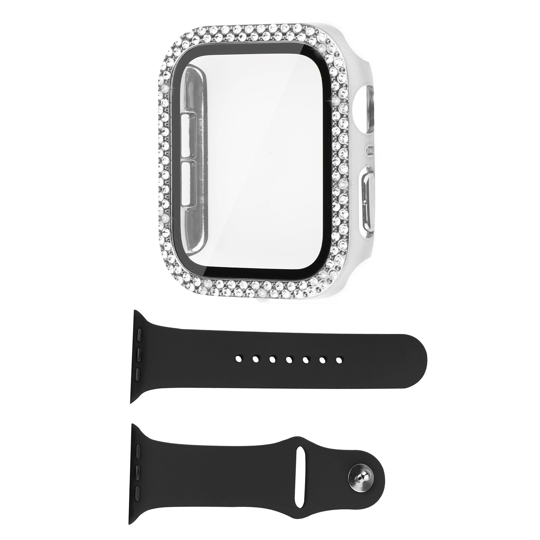 For Apple Watch Series 8 45mm Series 7 45mm Black Silicone Wrist Strap + Shiny Rhinestones PC Watch Case with Tempered Glass Screen Protector
