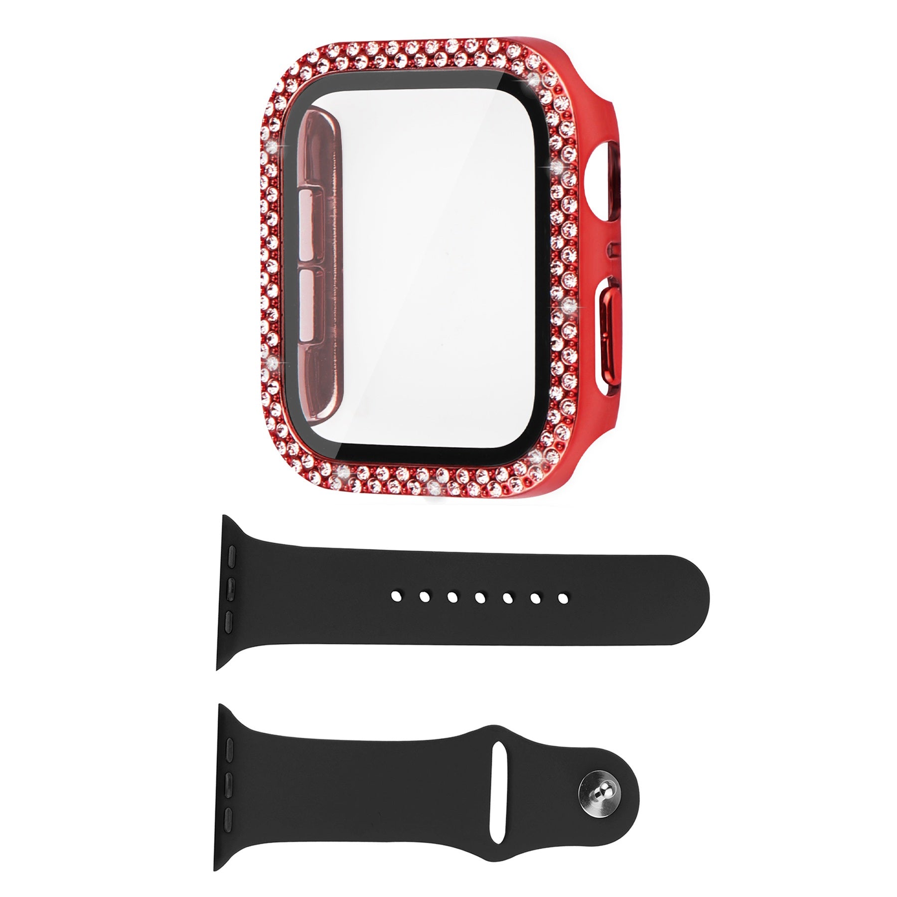 For Apple Watch Series 8 45mm Series 7 45mm Black Silicone Wrist Strap + Shiny Rhinestones PC Watch Case with Tempered Glass Screen Protector