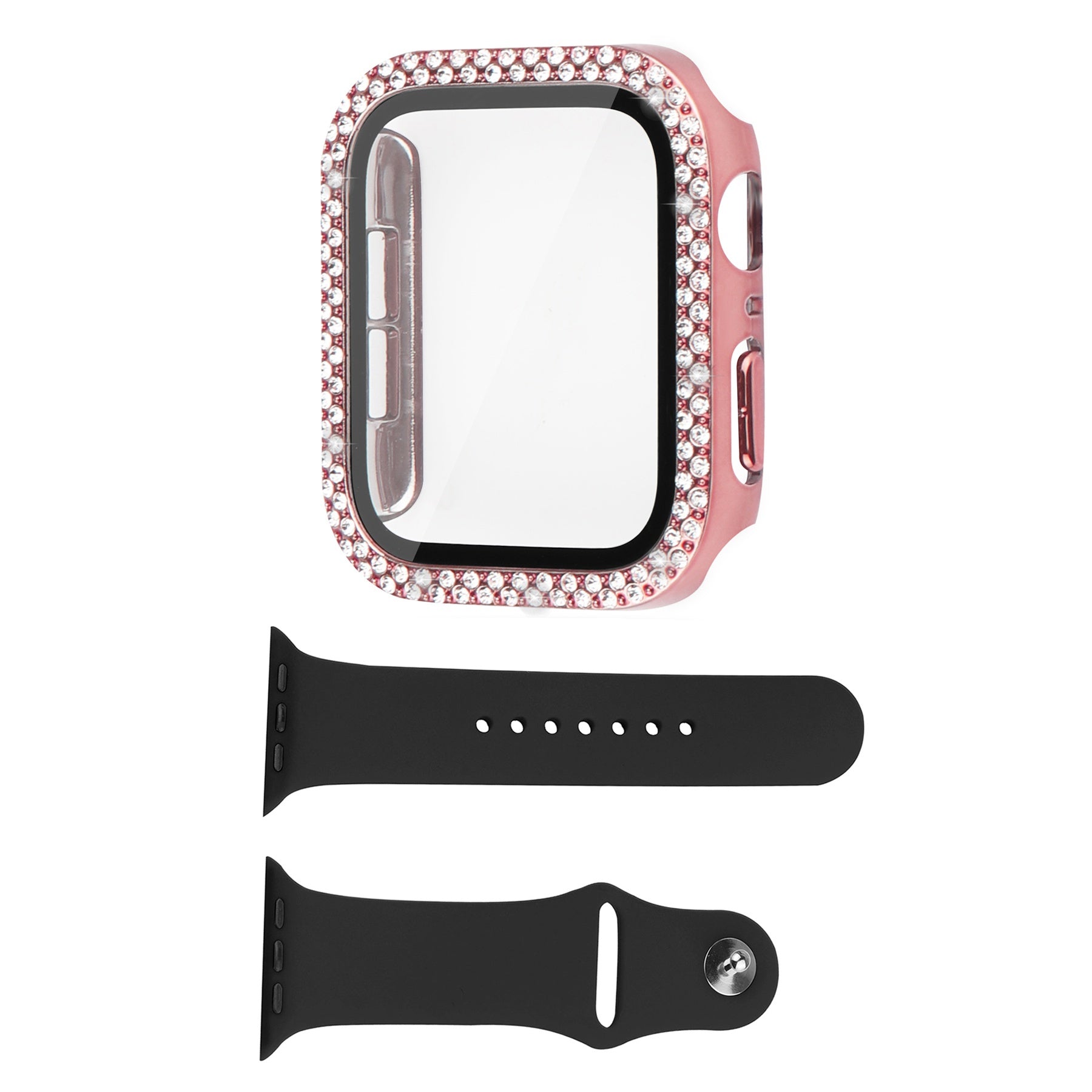 For Apple Watch Series 8 45mm Series 7 45mm Black Silicone Wrist Strap + Shiny Rhinestones PC Watch Case with Tempered Glass Screen Protector