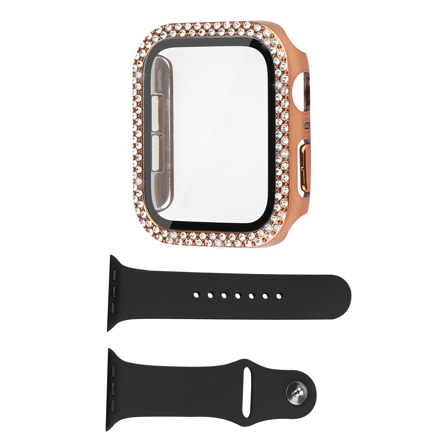 For Apple Watch Series 8 45mm Series 7 45mm Black Silicone Wrist Strap + Shiny Rhinestones PC Watch Case with Tempered Glass Screen Protector