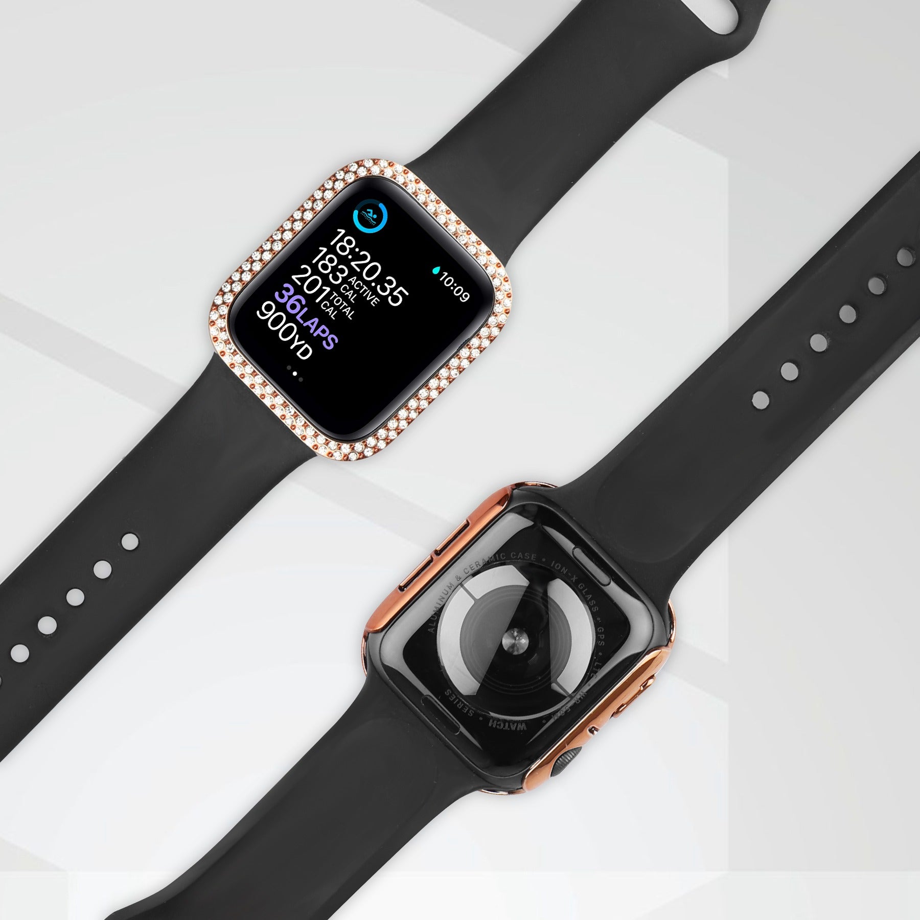 For Apple Watch Series 8 45mm Series 7 45mm Black Silicone Wrist Strap + Shiny Rhinestones PC Watch Case with Tempered Glass Screen Protector