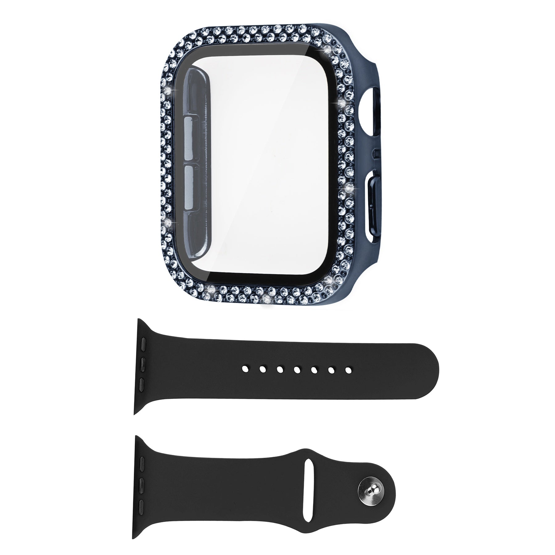 For Apple Watch Series 8 45mm Series 7 45mm Black Silicone Wrist Strap + Shiny Rhinestones PC Watch Case with Tempered Glass Screen Protector