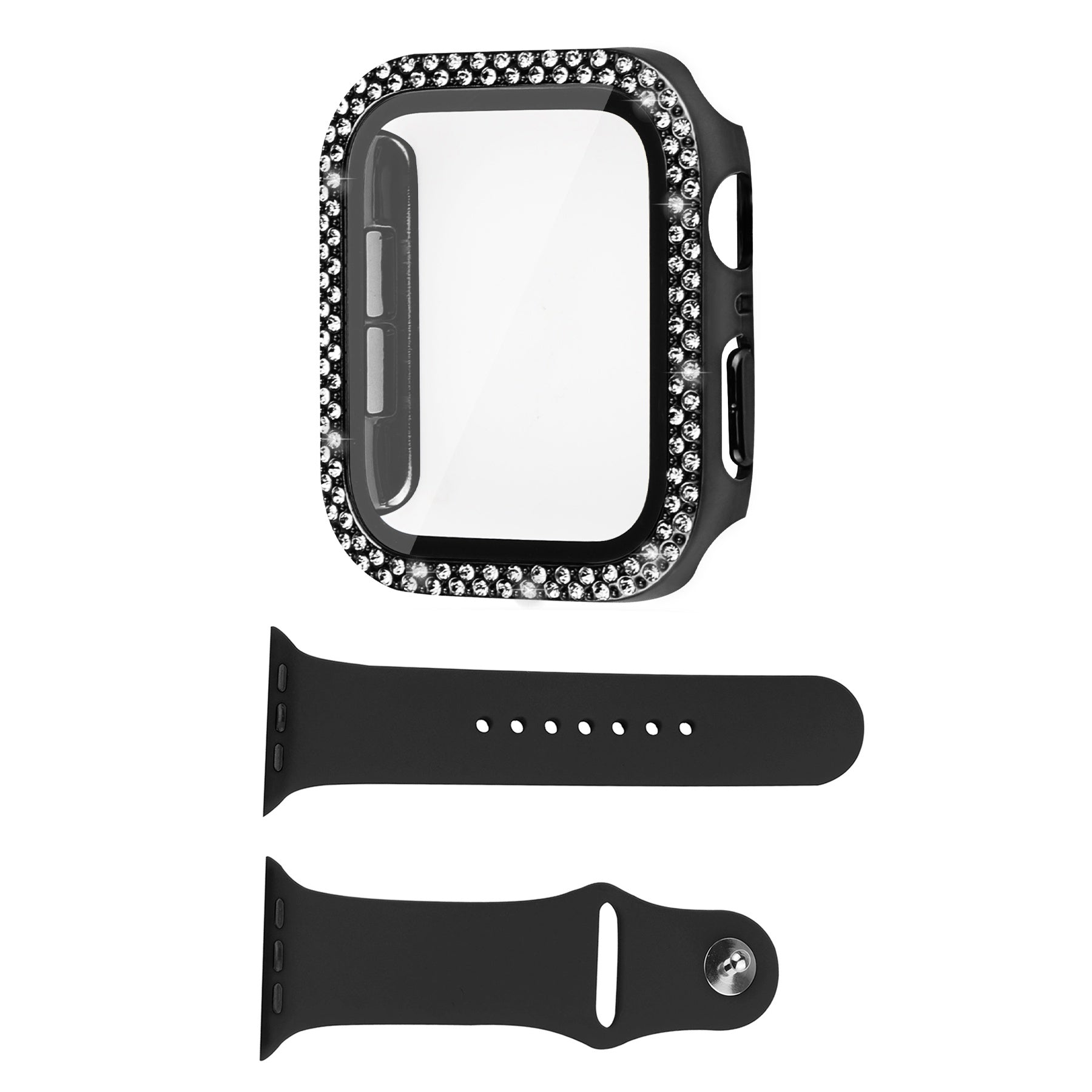 For Apple Watch Ultra 49mm Rhinestones Decor PC Watch Case Protective Frame with Tempered Glass Film Black Silicone Band