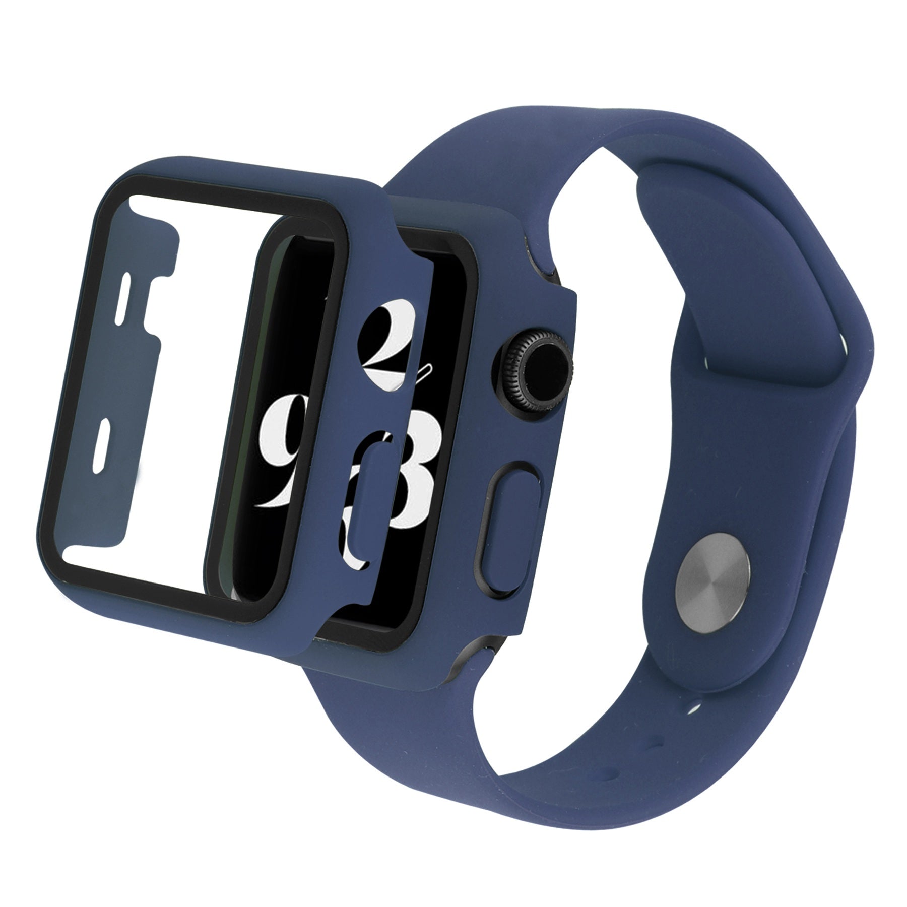For Apple Watch Series 8 45mm 7 45mm Soft Silicone Replacement Strap + Hard PC Watch Case with Tempered Glass Screen Protector