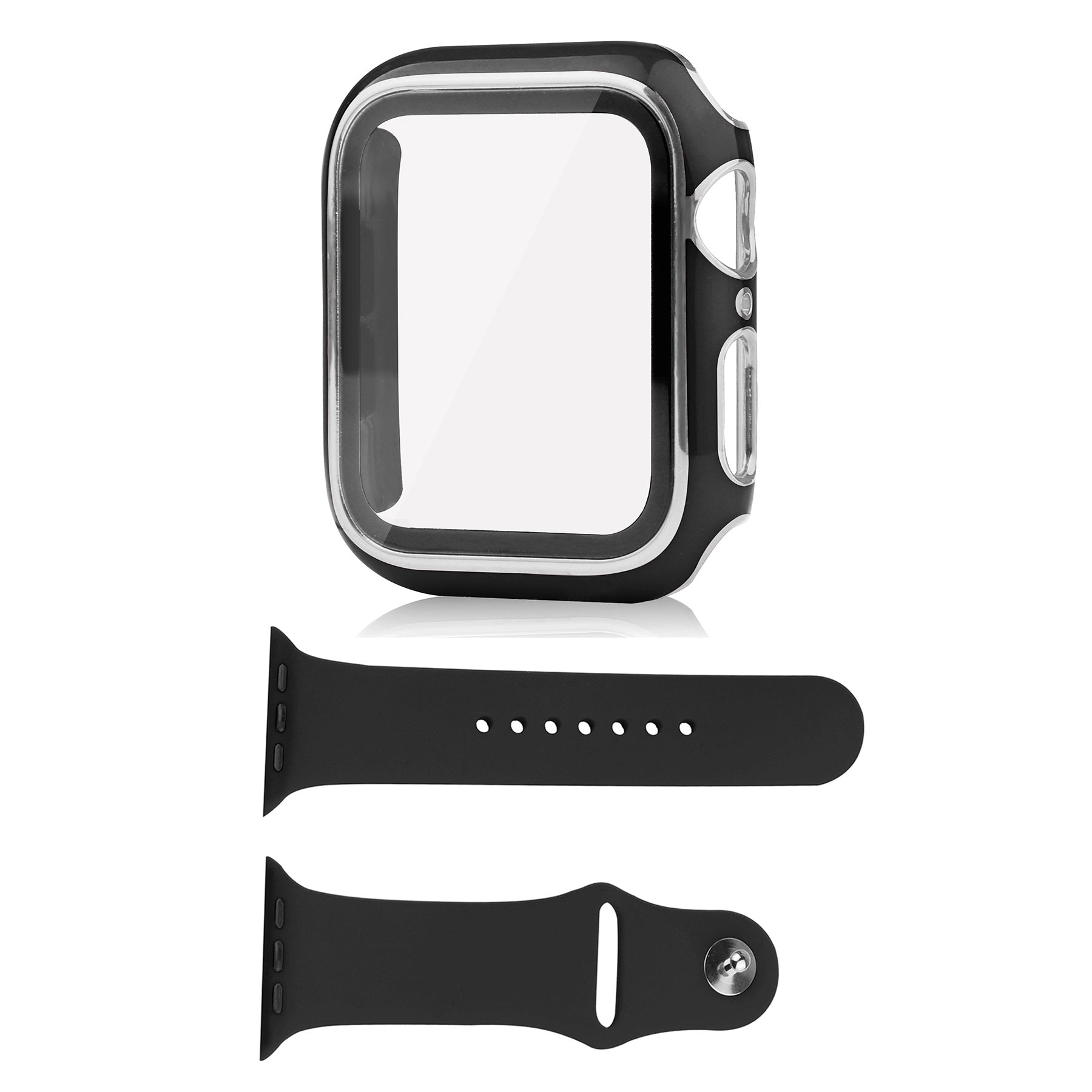 For Apple Watch SE (2022) 44mm SE 44mm 6 5 4 44mm Silicone Watch Band PC Watch Case with Tempered Glass Screen Protector Electroplating Protective Case Cover