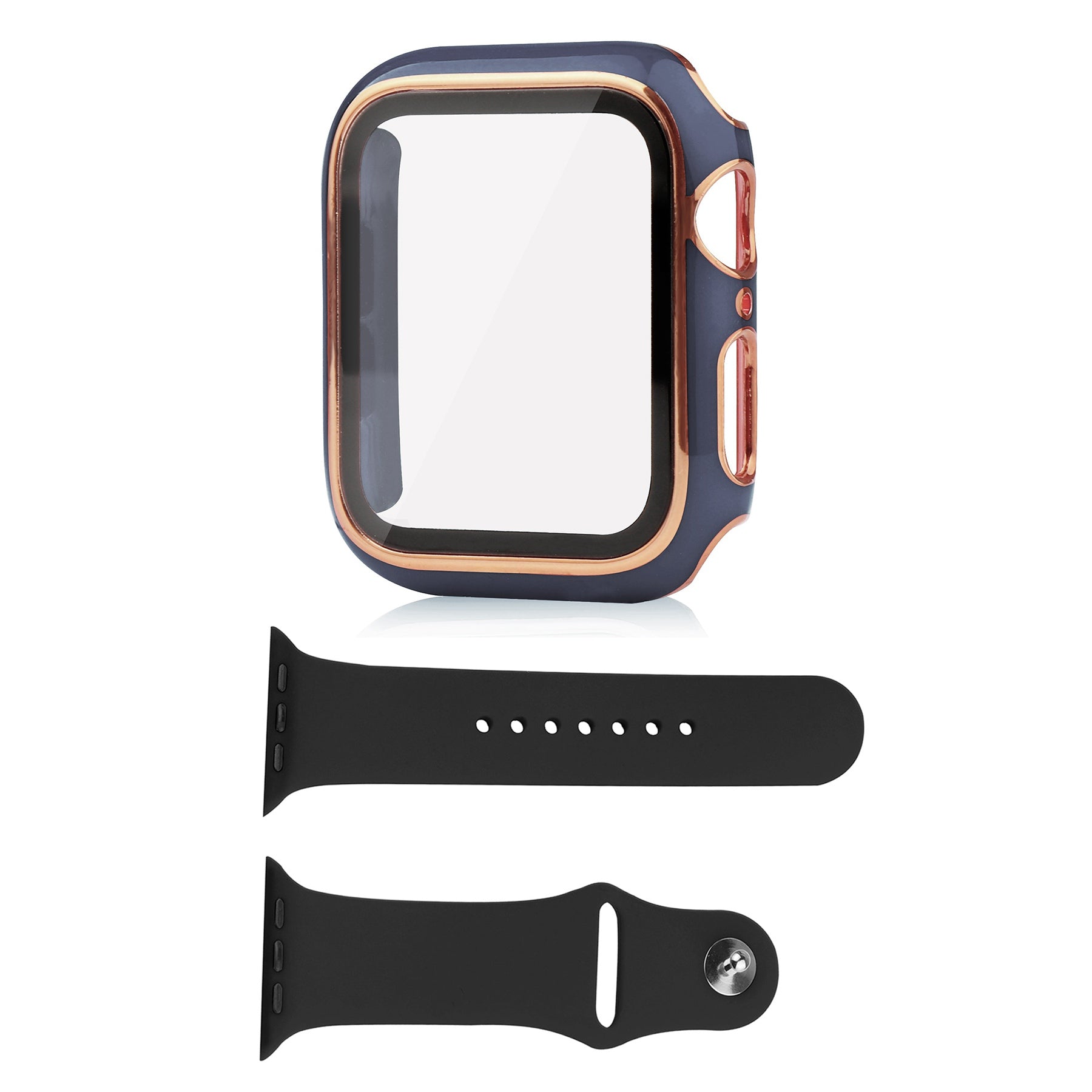 For Apple Watch Ultra 49mm Soft Silicone Band Replacement + Full Cover Hard PC Electroplating Watch Case with Tempered Glass Screen Protector