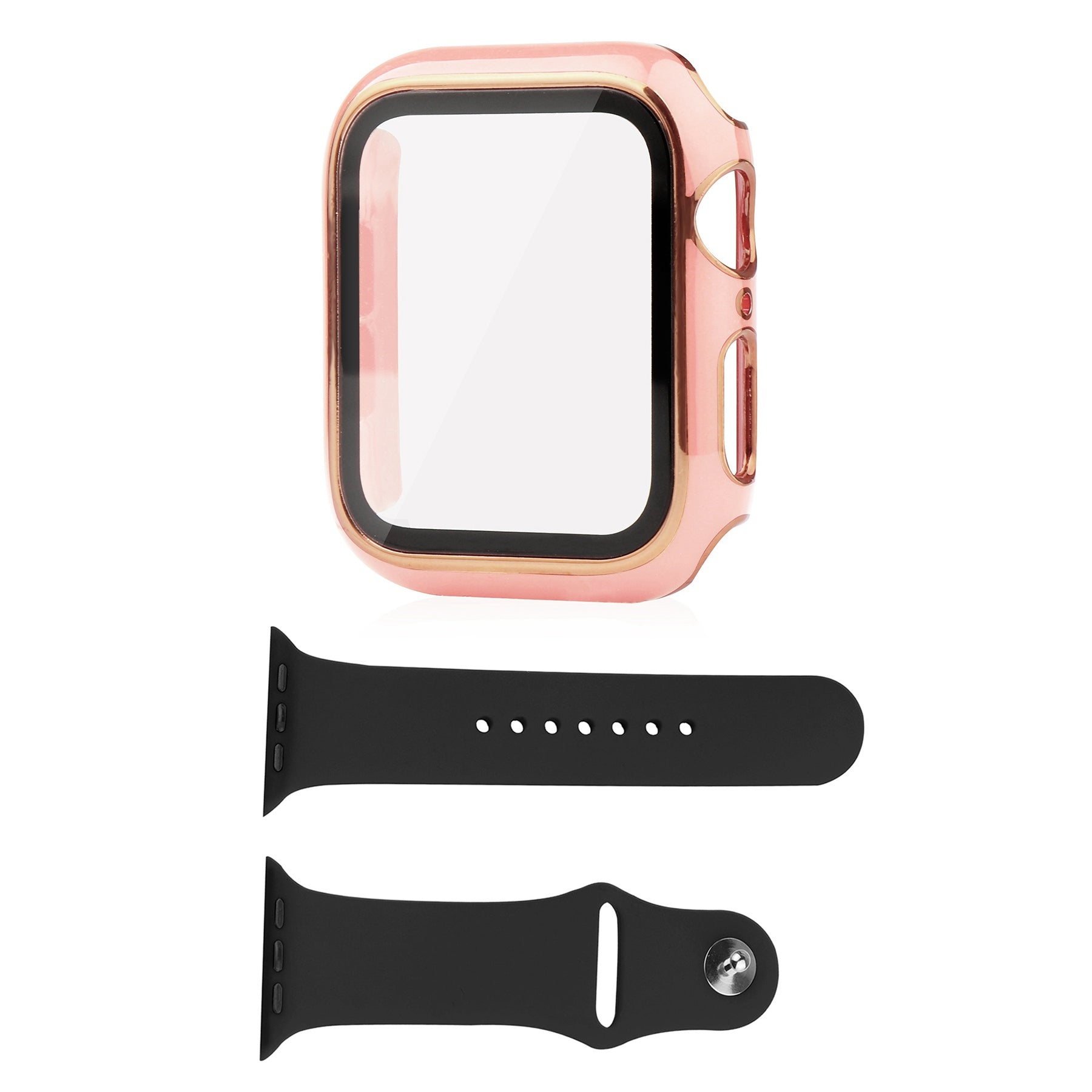 For Apple Watch Ultra 49mm Soft Silicone Band Replacement + Full Cover Hard PC Electroplating Watch Case with Tempered Glass Screen Protector
