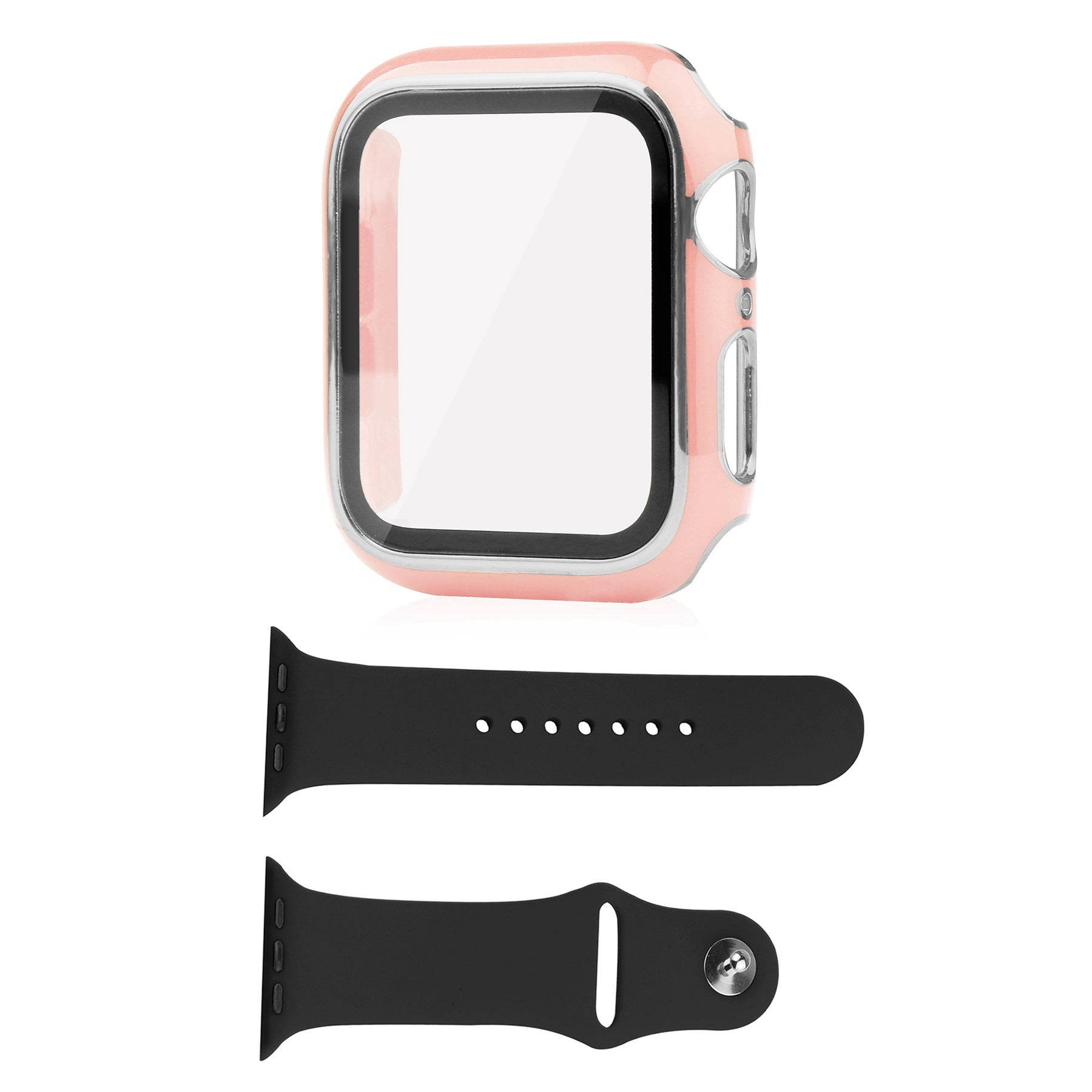 For Apple Watch Ultra 49mm Soft Silicone Band Replacement + Full Cover Hard PC Electroplating Watch Case with Tempered Glass Screen Protector
