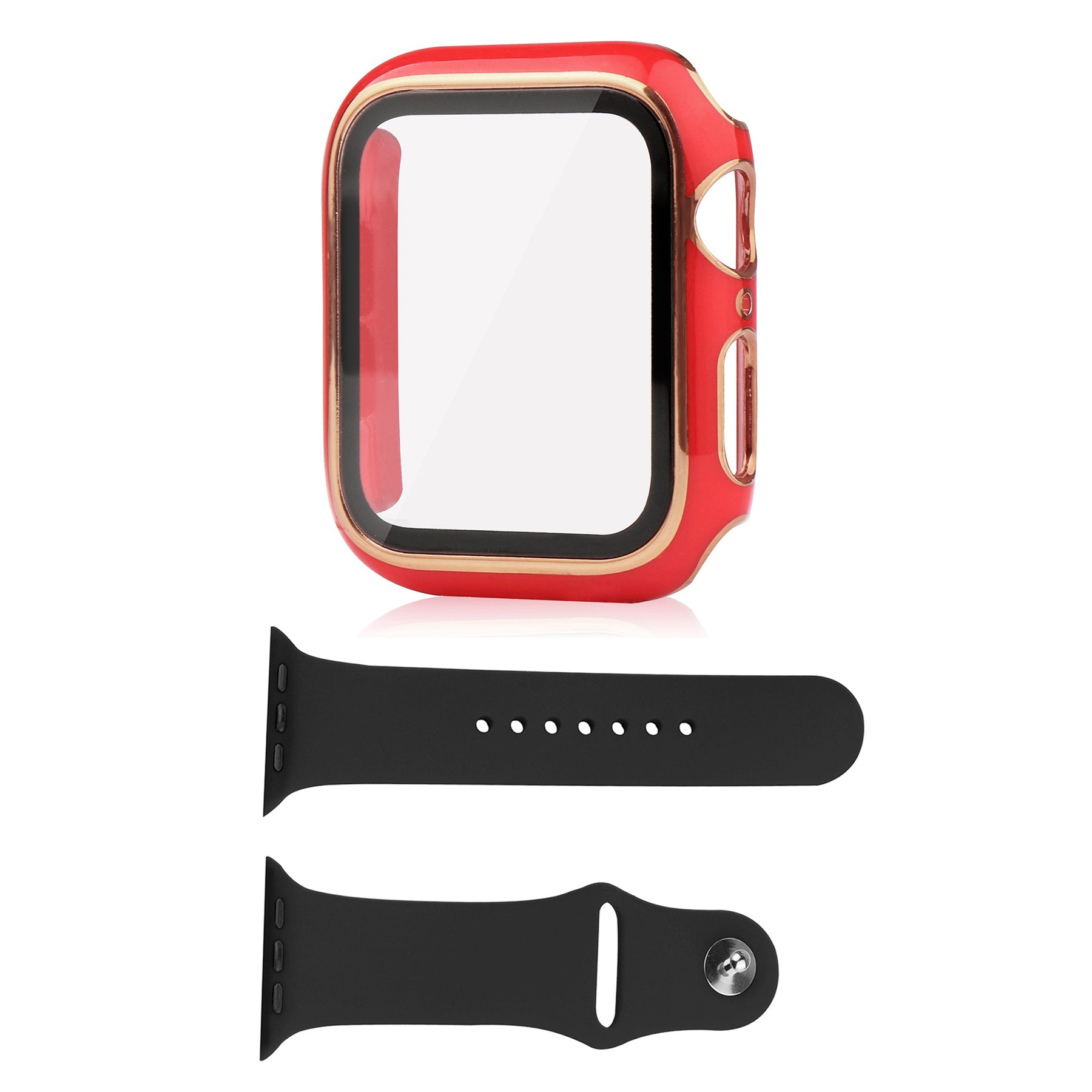 For Apple Watch Ultra 49mm Soft Silicone Band Replacement + Full Cover Hard PC Electroplating Watch Case with Tempered Glass Screen Protector