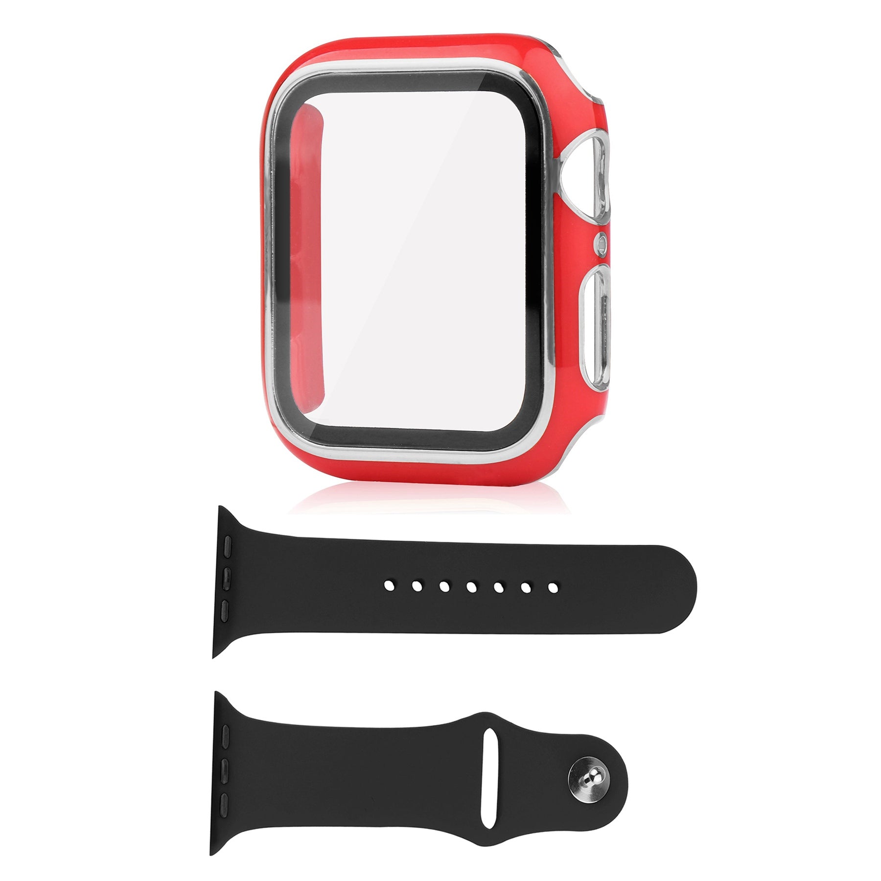 For Apple Watch Ultra 49mm Soft Silicone Band Replacement + Full Cover Hard PC Electroplating Watch Case with Tempered Glass Screen Protector