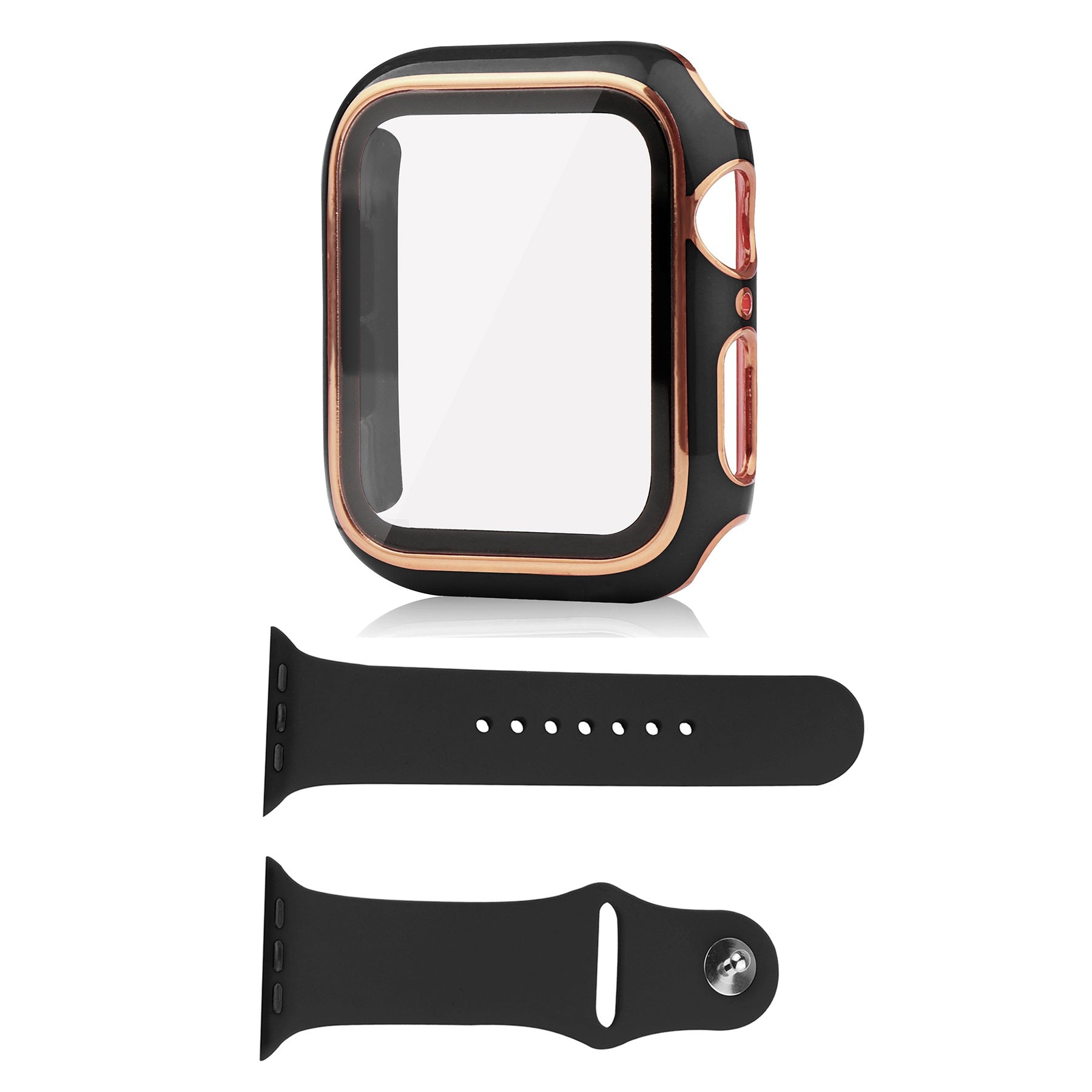 For Apple Watch Ultra 49mm Soft Silicone Band Replacement + Full Cover Hard PC Electroplating Watch Case with Tempered Glass Screen Protector