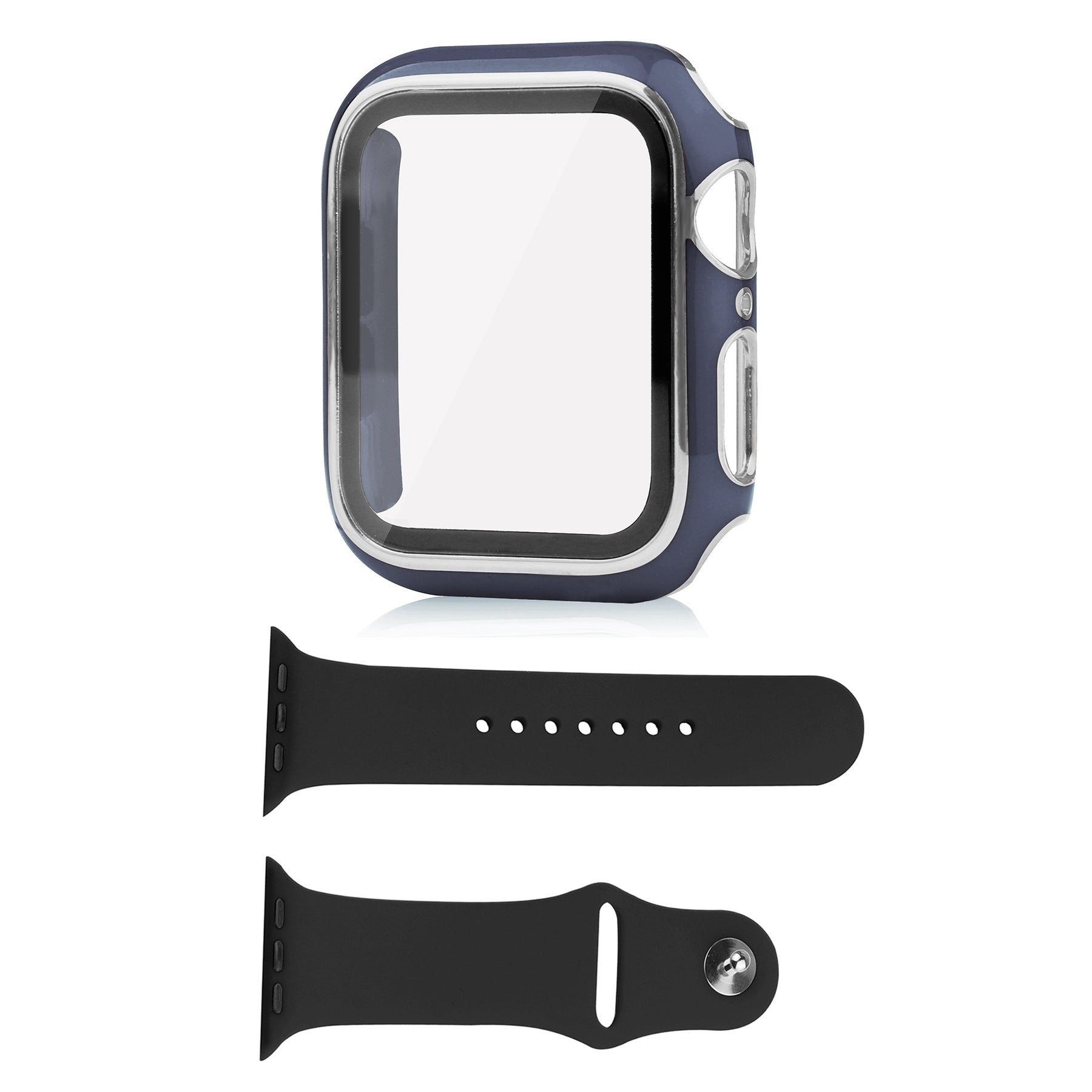 For Apple Watch Ultra 49mm Soft Silicone Band Replacement + Full Cover Hard PC Electroplating Watch Case with Tempered Glass Screen Protector