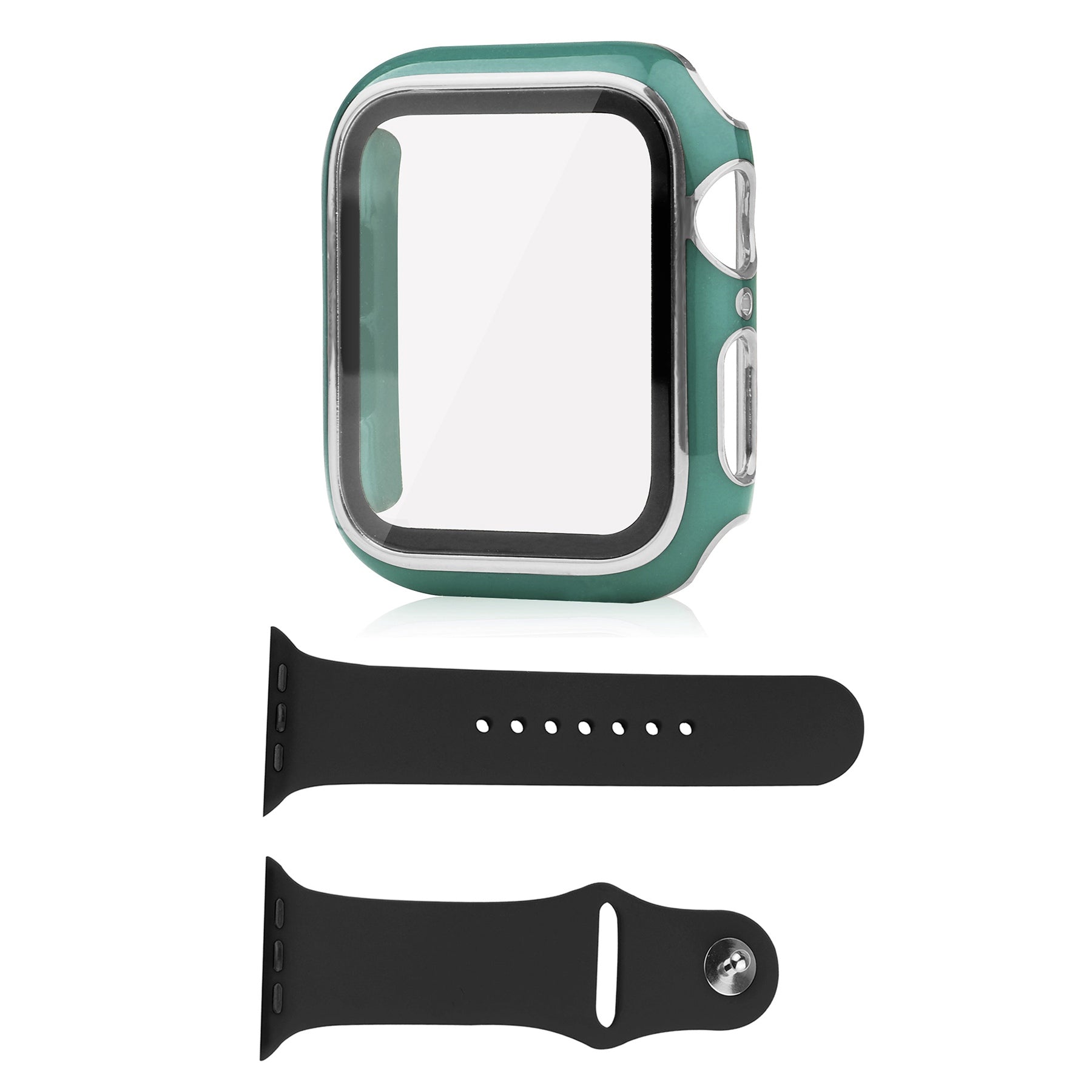For Apple Watch Ultra 49mm Soft Silicone Band Replacement + Full Cover Hard PC Electroplating Watch Case with Tempered Glass Screen Protector