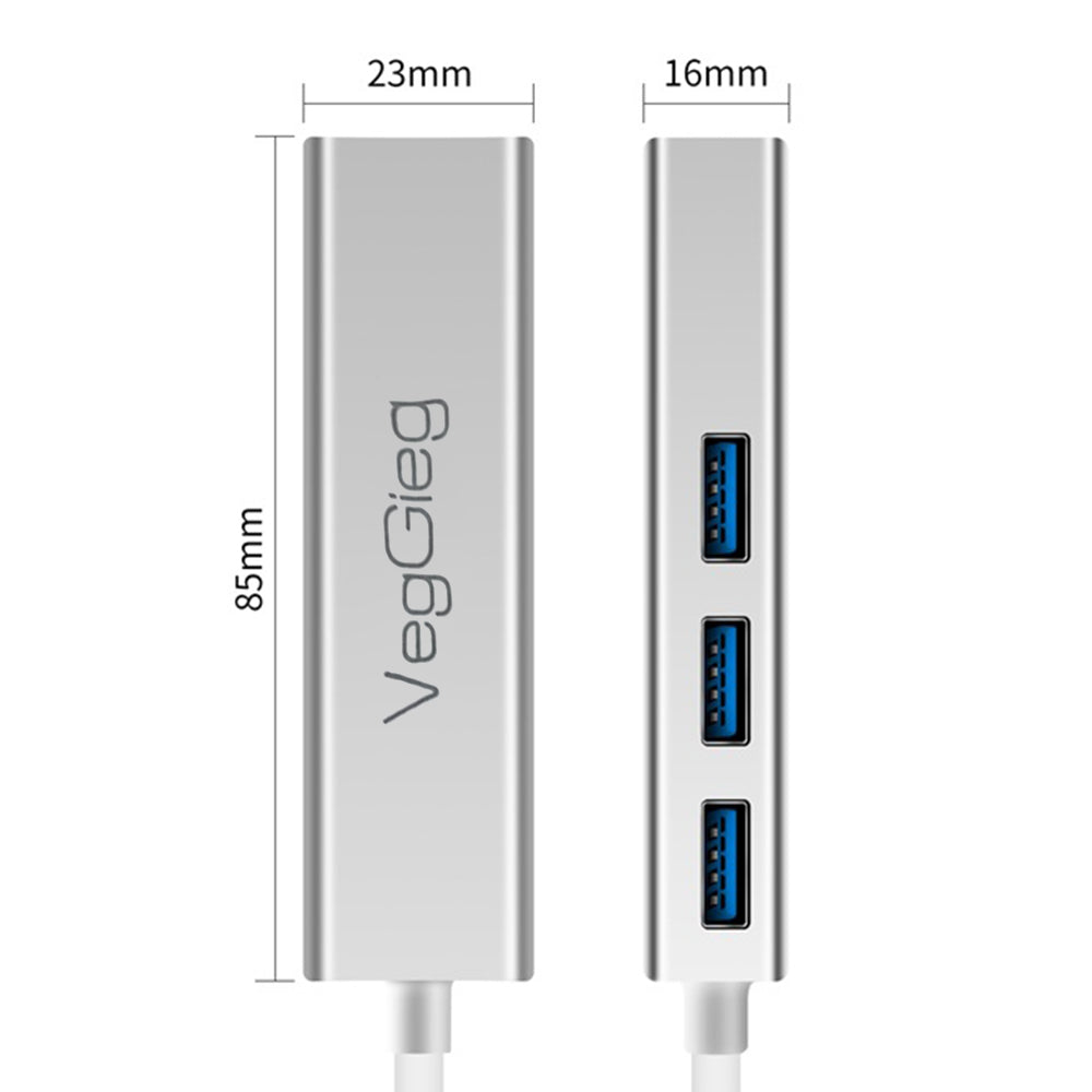 VEGGIEG USB 3.0 1000Mbps Network Card Hub Splitter Alloy RJ45 3 USB Ports Adapter Docking Station