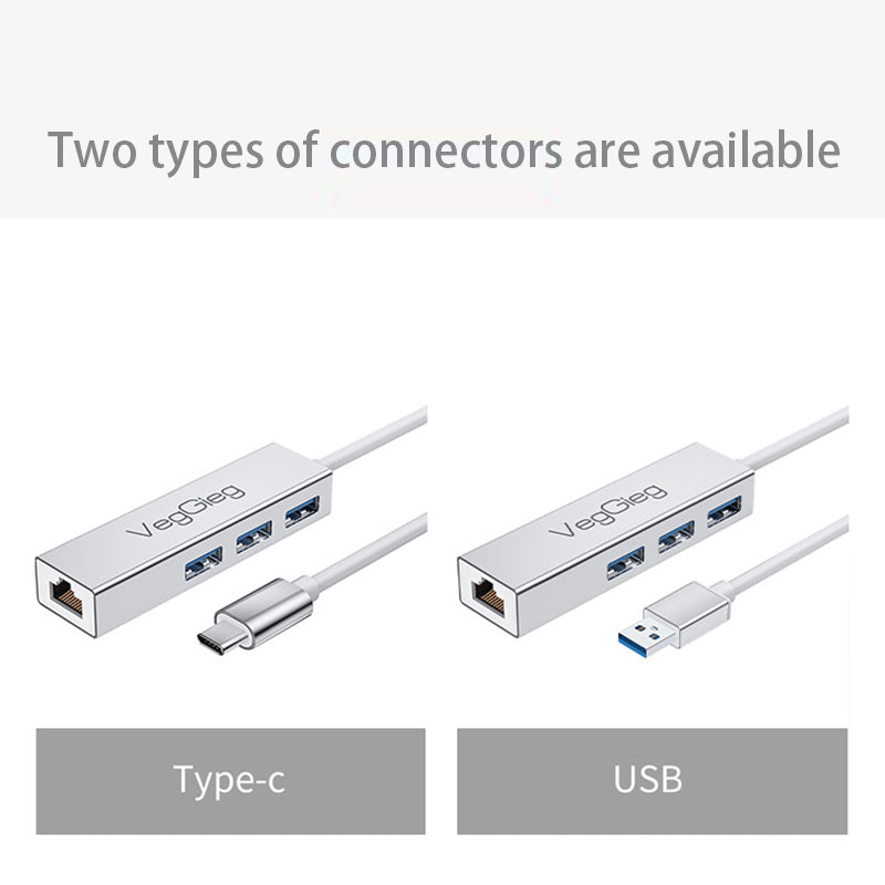 VEGGIEG USB 3.0 1000Mbps Network Card Hub Splitter Alloy RJ45 3 USB Ports Adapter Docking Station