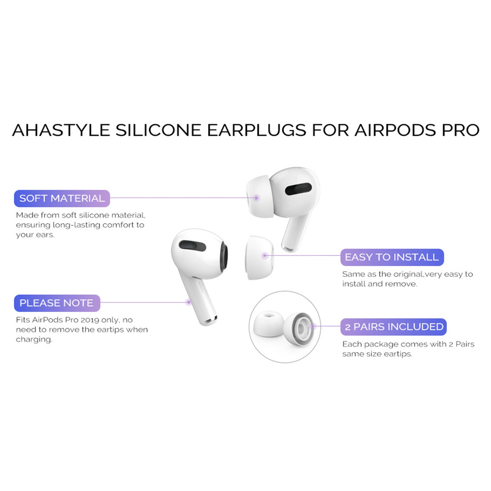 AHASTYLE PT99-PRO-1 One Pair Earphone Tips Replacement for Apple AirPods Pro AirPods Pro 2 Silicone Bluetooth Headset Ear Caps Size: L