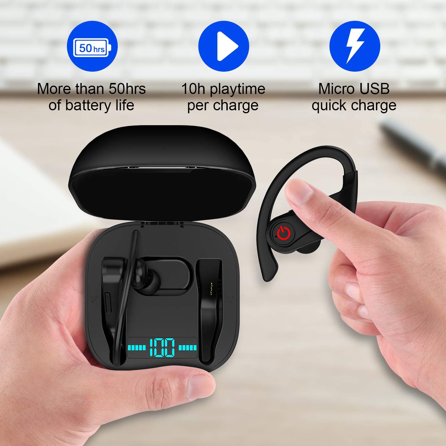 LEMONDA HBQ-Q62 TWS Bluetooth Headsets Ear Hook Headphones Business Music Earphone with Digital Power Display 950mAh Charging Case IPX4